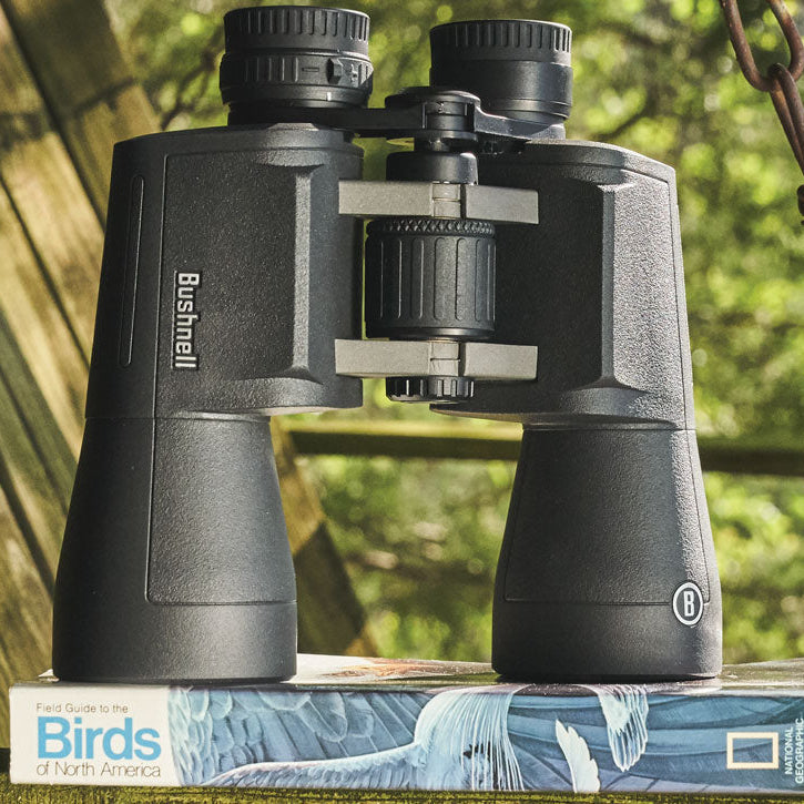 Bushnell 20x50 Powerview 2 Binoculars BHPWV2050 standing up on a birdwatching book outside