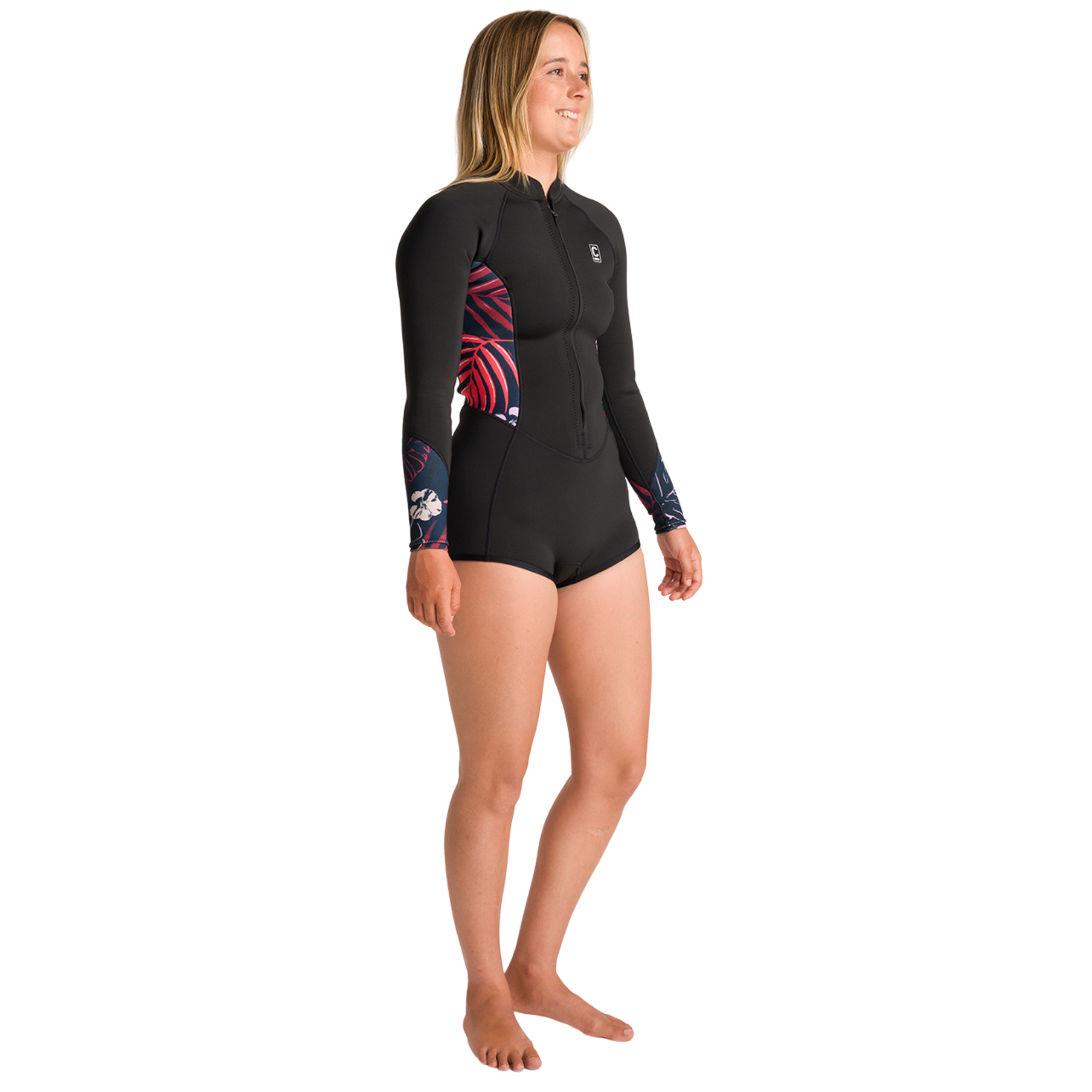 C-Skins Women's NuWave Solace Lite 2/2mm Front Zip Flatlock Long Sleeve Surf Suit (Black/Tropical)