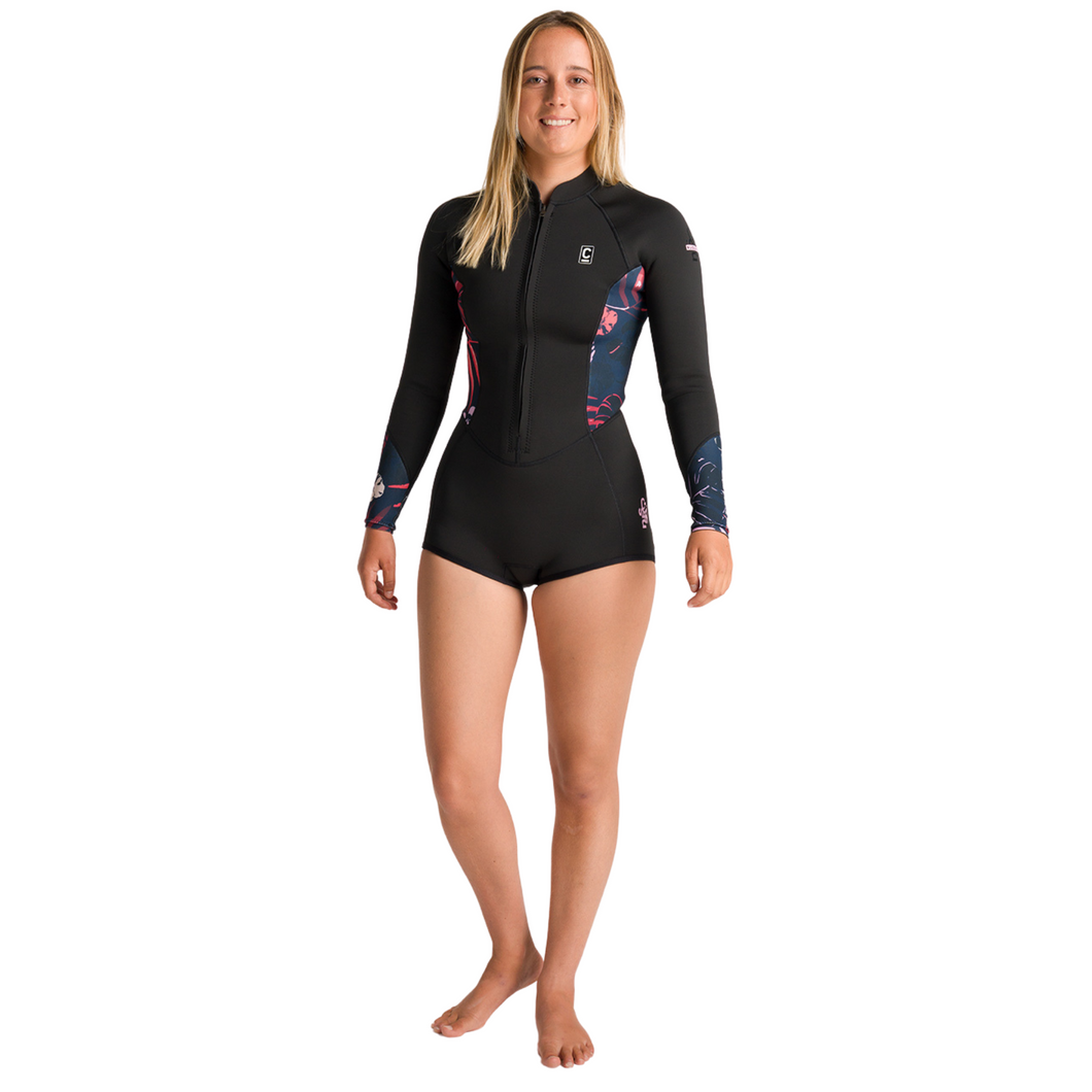 C-Skin Women's NuWave Solace Lite 2/2mm Front Zip Flatlock Long Sleeve Surf Suit (Black/Tropical)