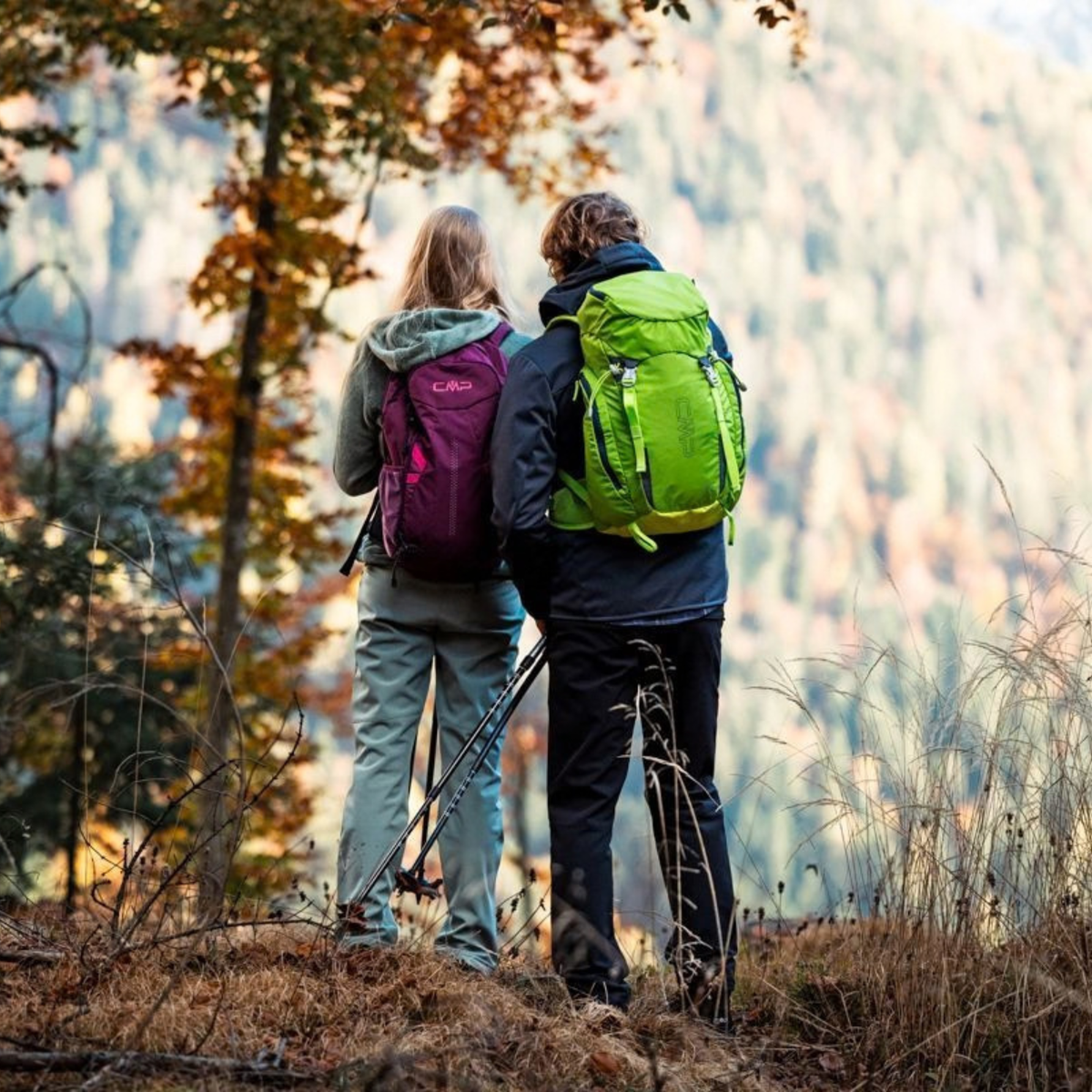 Two hikers wearing backpacks, one with hiking poles, looking out over a valley surrounded by an Autumn nature scene. Woman using CMP Laredo Trekking Daypack 22L C910 Amaranto 3V17957