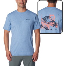 Load image into Gallery viewer, Columbia Men&#39;s Kwick Hike Back Graphic Short Sleeve Technical Tee (Skyler Heather/Mountain Air)
