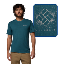 Load image into Gallery viewer, Columbia Men's Parsons Point Back Graphic UPF50 Short Sleeve Tee (Everblue Heather/Splatter Gem)
