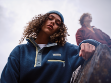 Load image into Gallery viewer, Columbia Women&#39;s Helvetia II Cropped Sherpa Half Snap Fleece (Everblue/Crushed Blue/Citron Haze)

