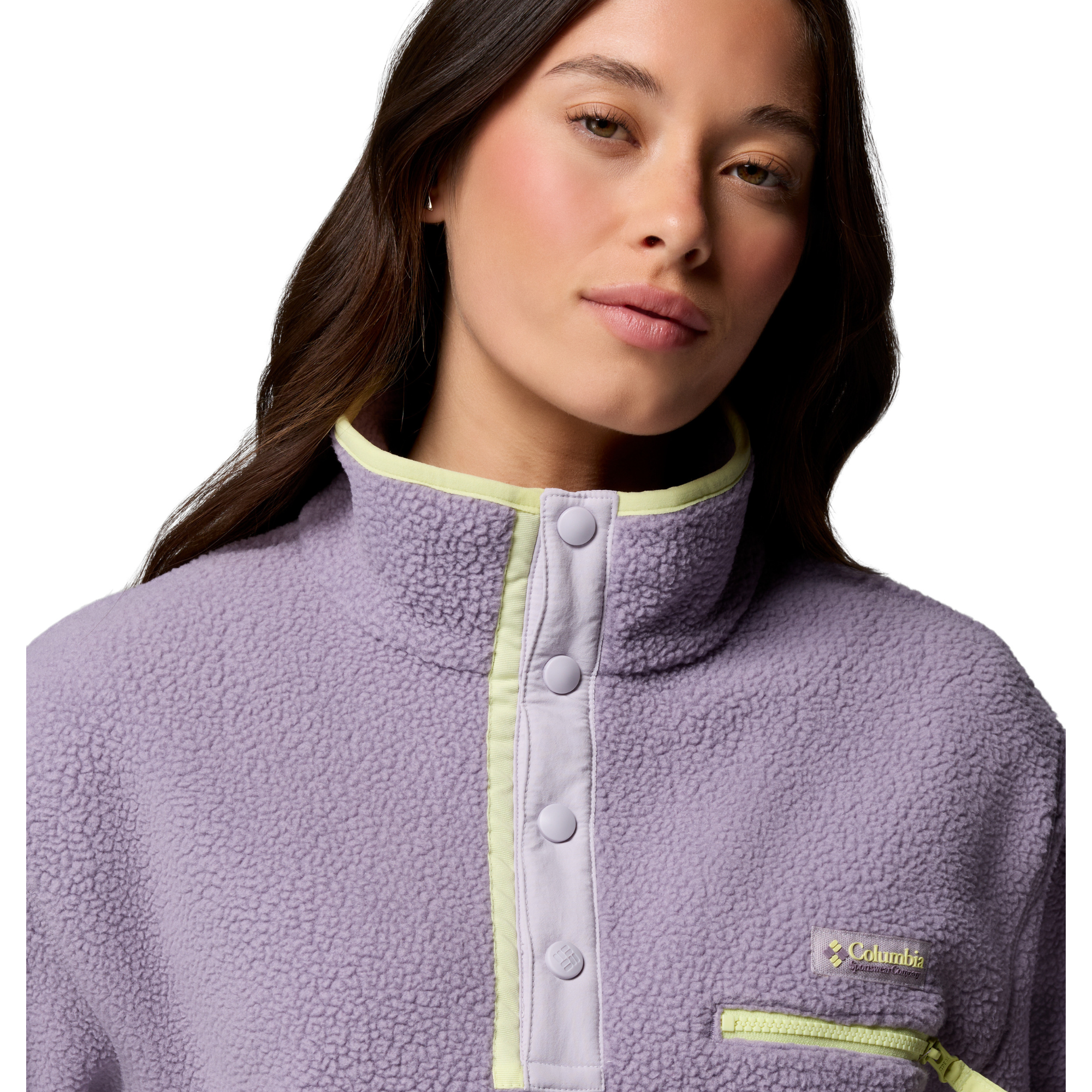 Columbia Women's Helvetia II Cropped Sherpa Half Snap Fleece (Shale Purple/Lavender Pearl/Citron Haze)