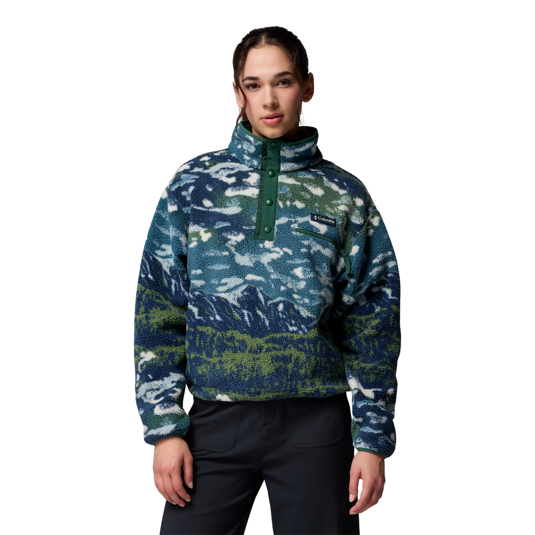 Columbia Women's Helvetia II Printed Cropped Half Snap Fleece Top (Everblue Sisters/Rain Forest)