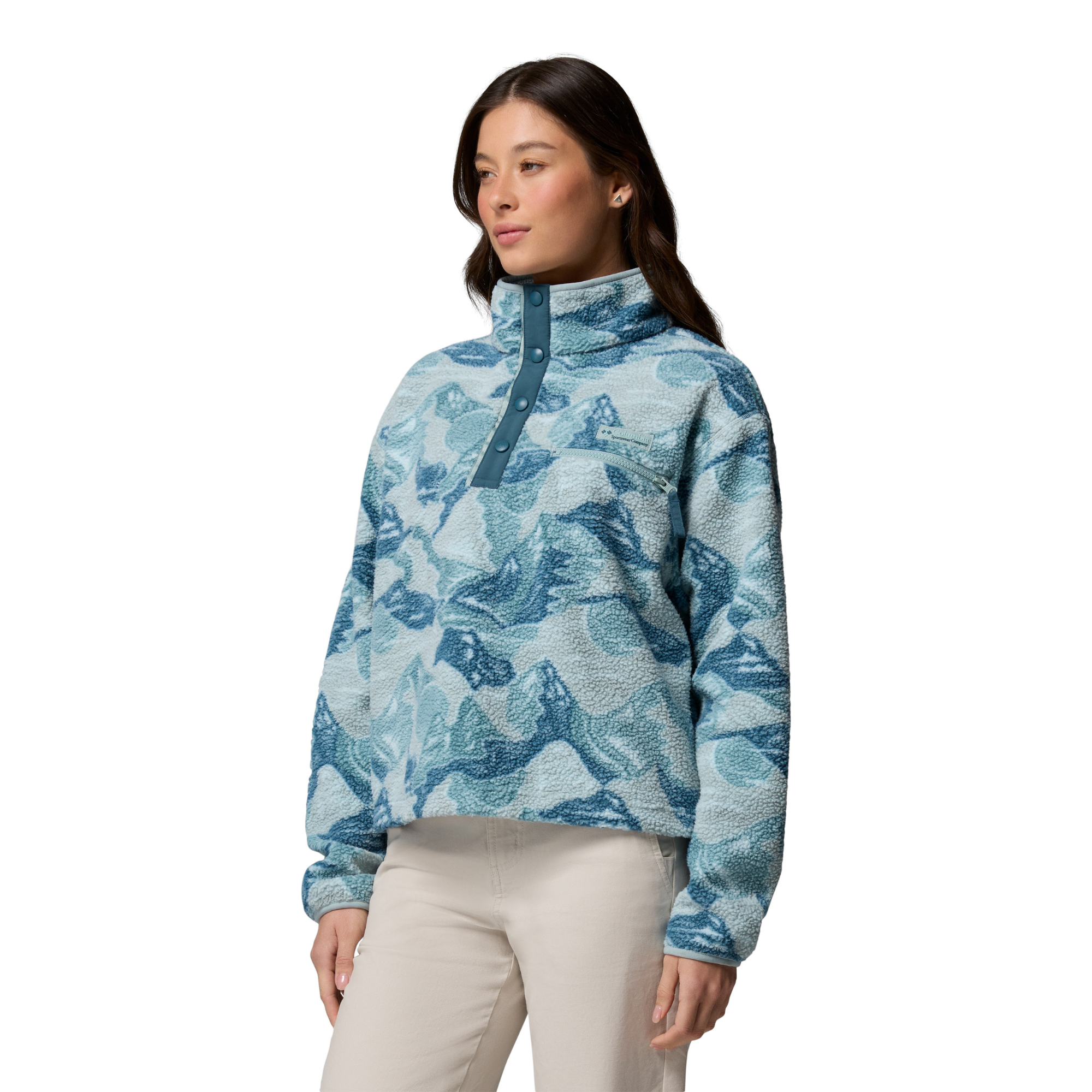 Columbia Women's Helvetia II Printed Cropped Half Snap Fleece Top (Marine Light/Sunscape)