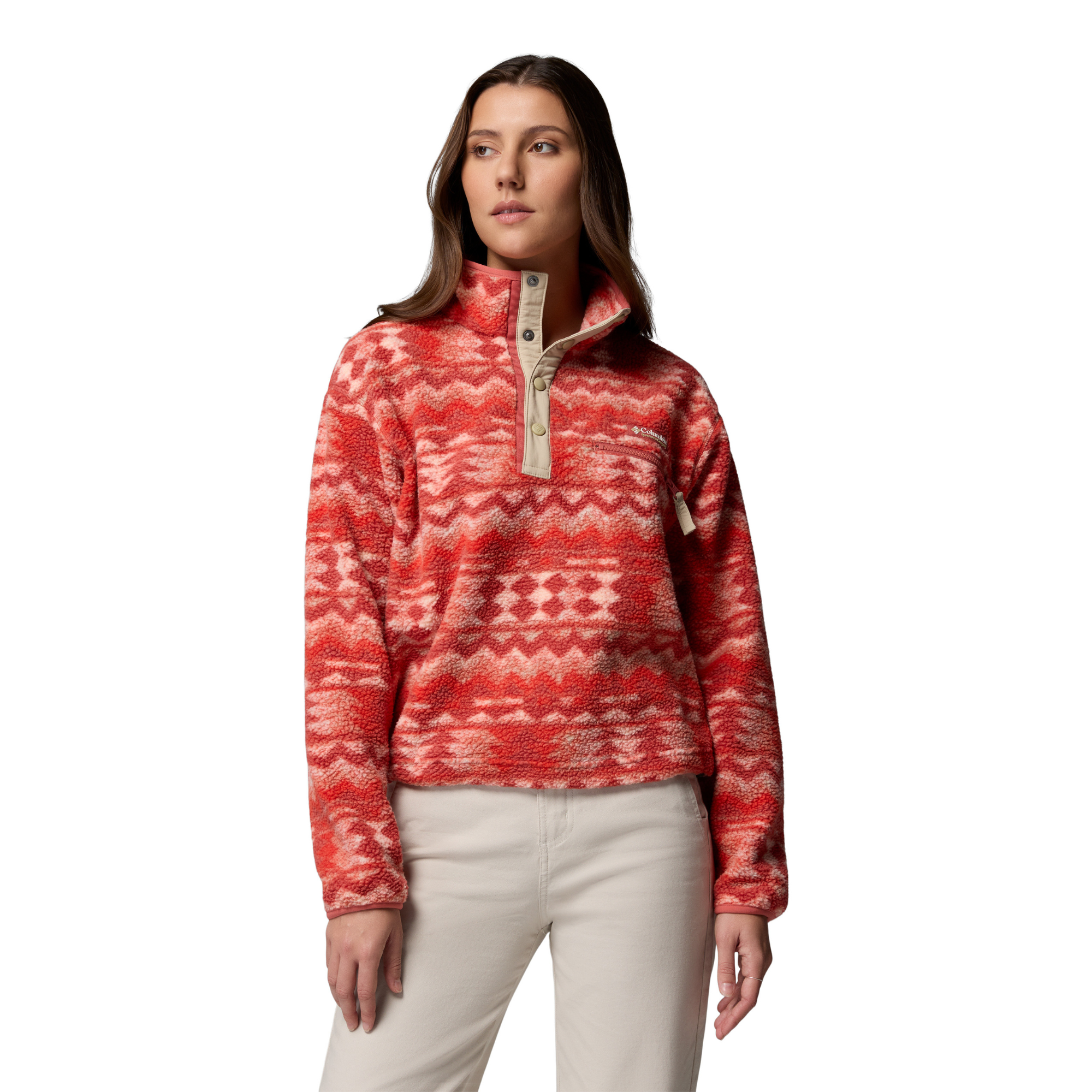 Columbia Women's Helvetia II Printed Cropped Half Snap Fleece Top (Poppy Red/Retrotree)