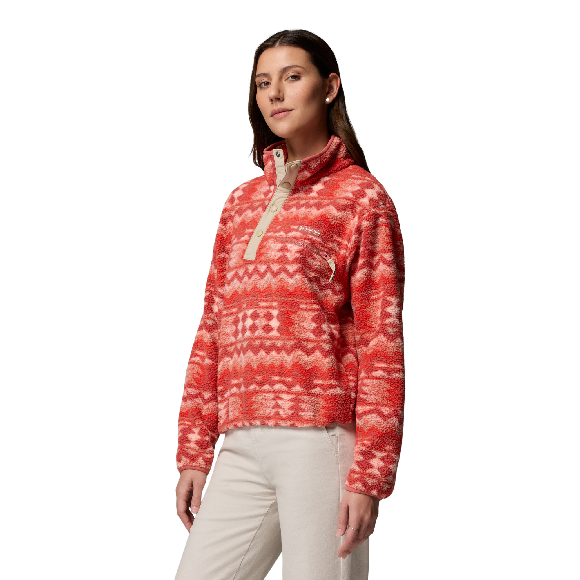 Columbia Women's Helvetia II Printed Cropped Half Snap Fleece Top (Poppy Red/Retrotree)