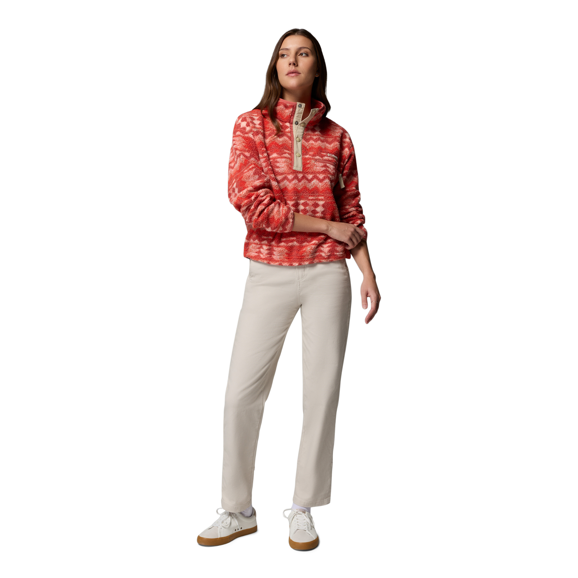 Columbia Women's Helvetia II Printed Cropped Half Snap Fleece Top (Poppy Red/Retrotree)