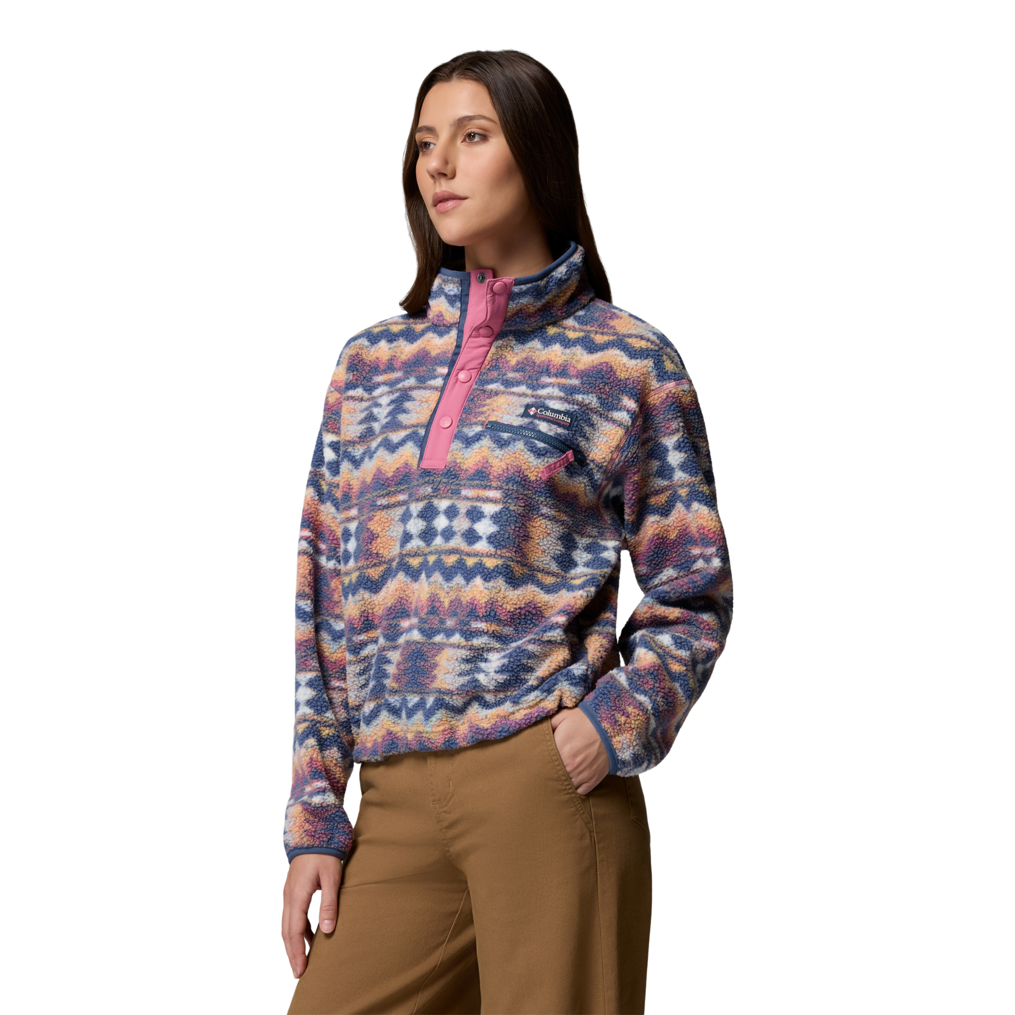 Columbia Women's Helvetia II Printed Cropped Half Snap Fleece Top (Sea Salt/Retrotree)