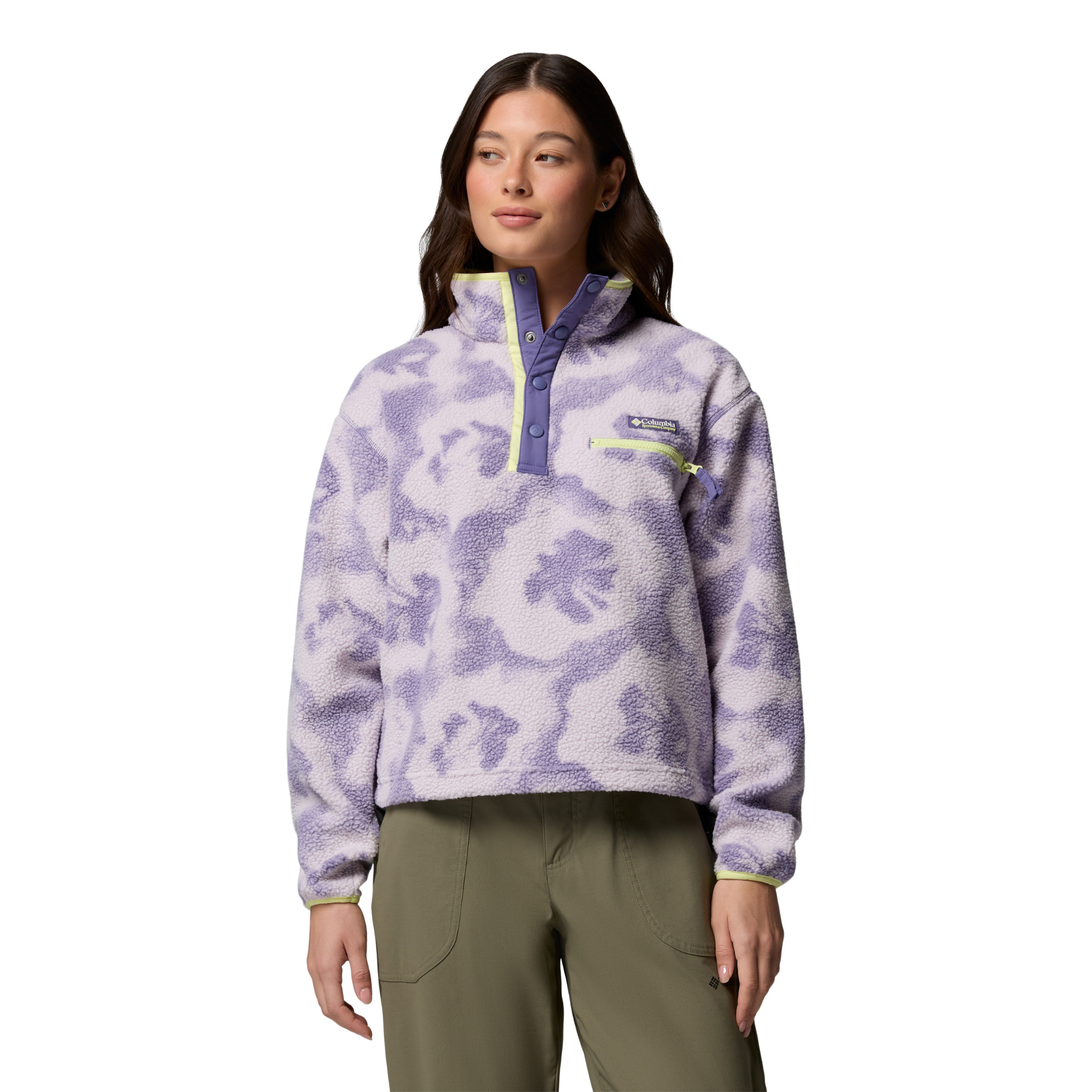 Columbia Women's Helvetia II Printed Cropped Half Snap Fleece Top (Stormwatch/Sprayflower)