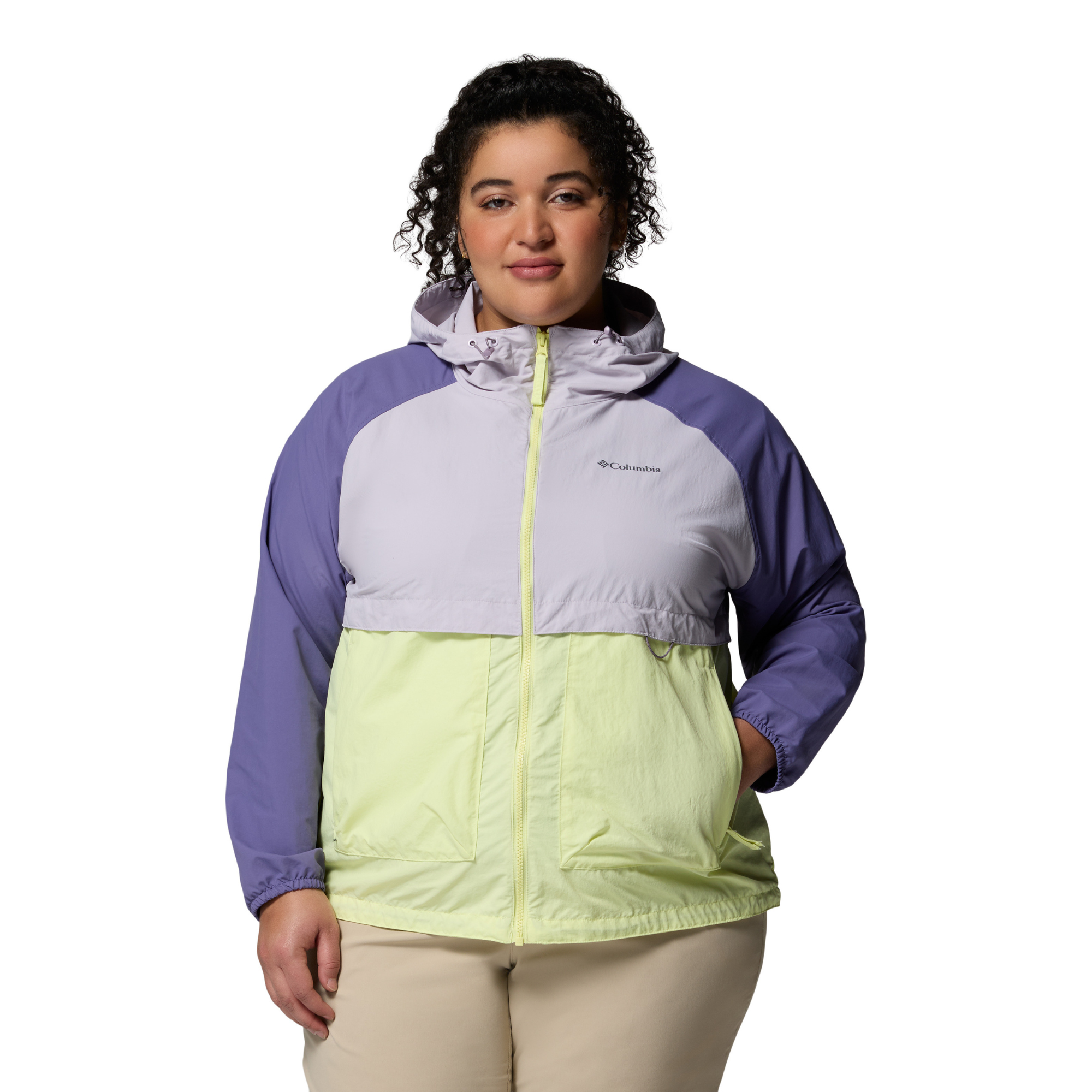 Columbia Women's Spire Valley Hooded UPF50 Windbreaker (Citron Haze/Lavender Pearl/Stormwatch)