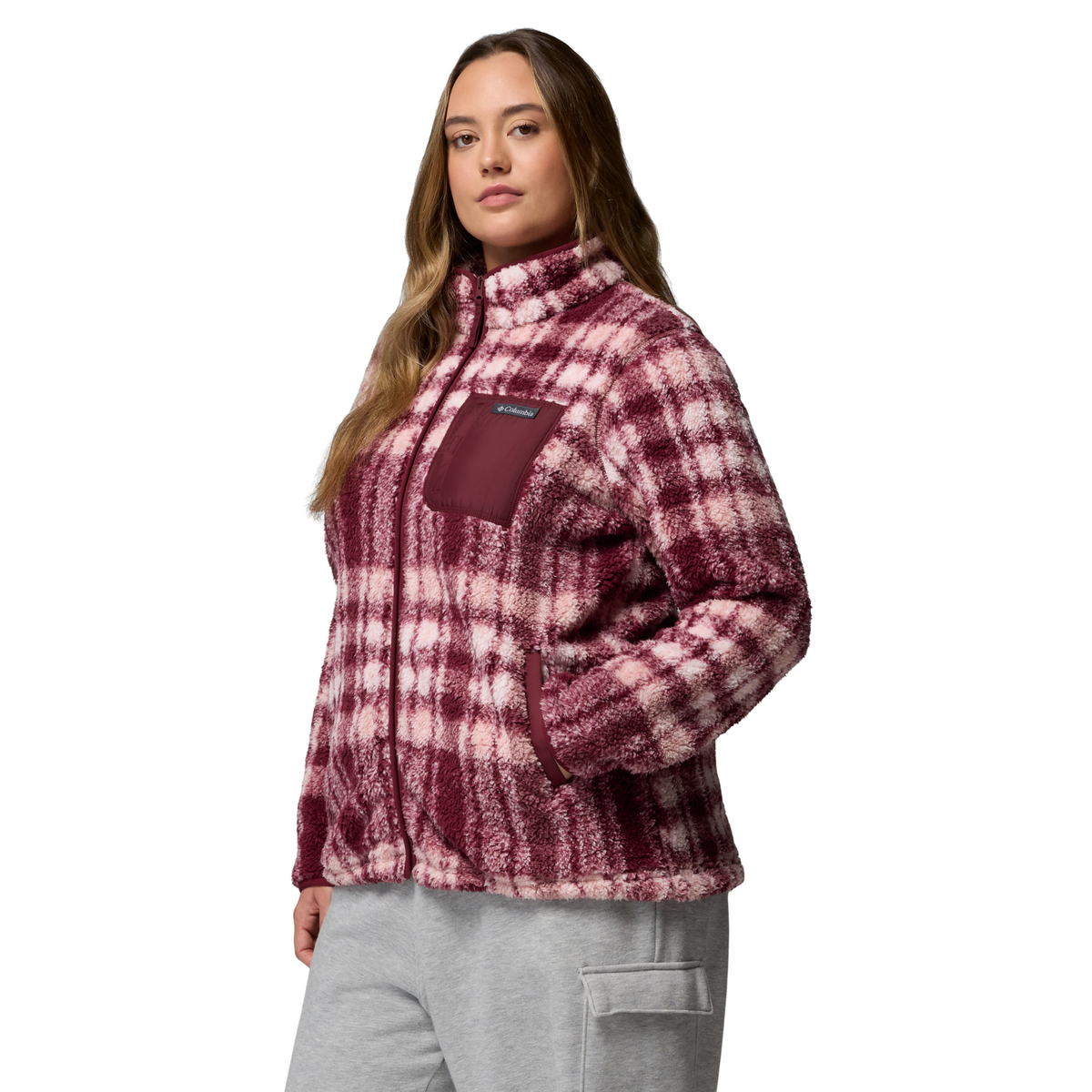 Columbia Women's West Bend II Printed Sherpa Full Zip Fleece (Rich Wine Herringplaid)