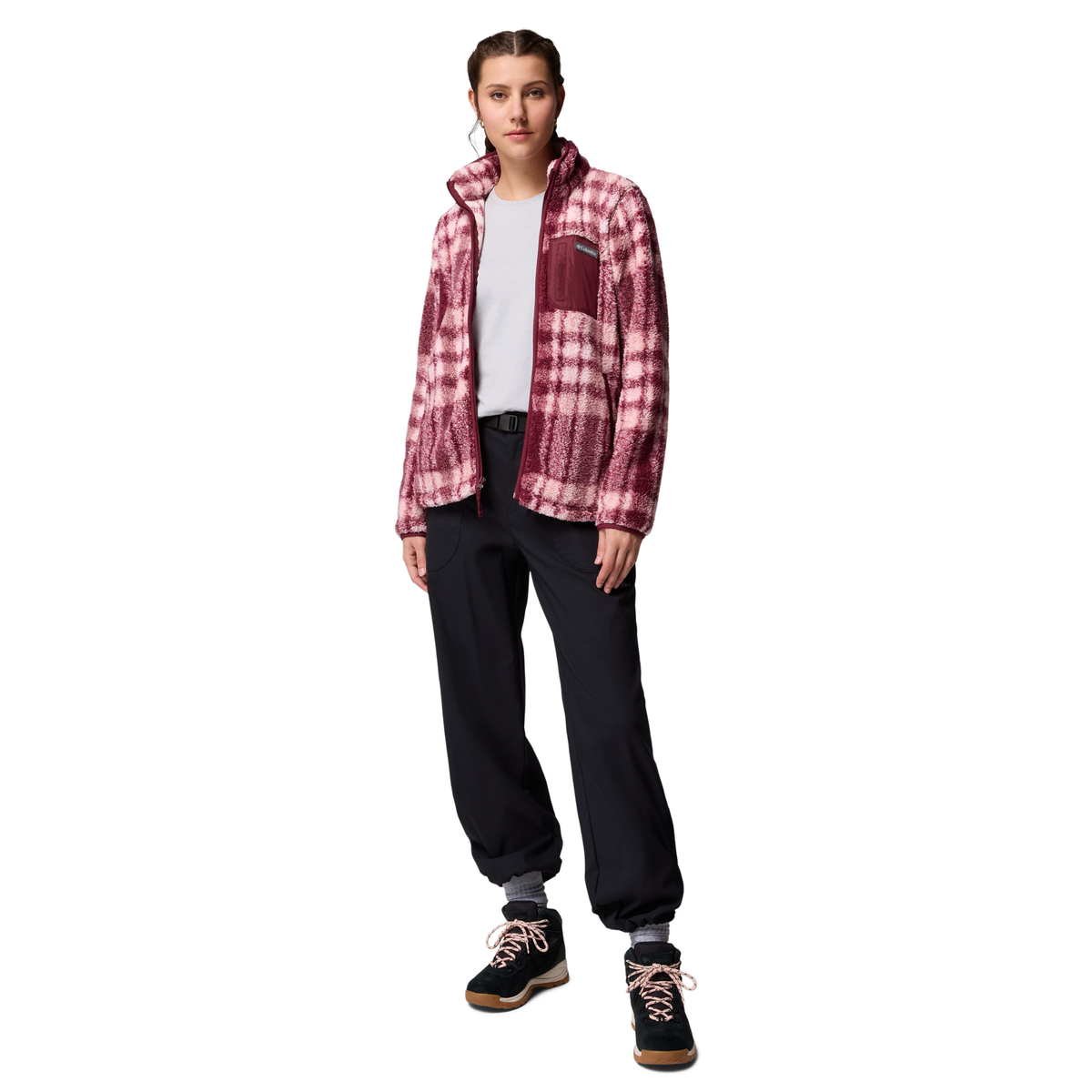 Columbia Women's West Bend II Printed Sherpa Full Zip Fleece (Rich Wine Herringplaid)