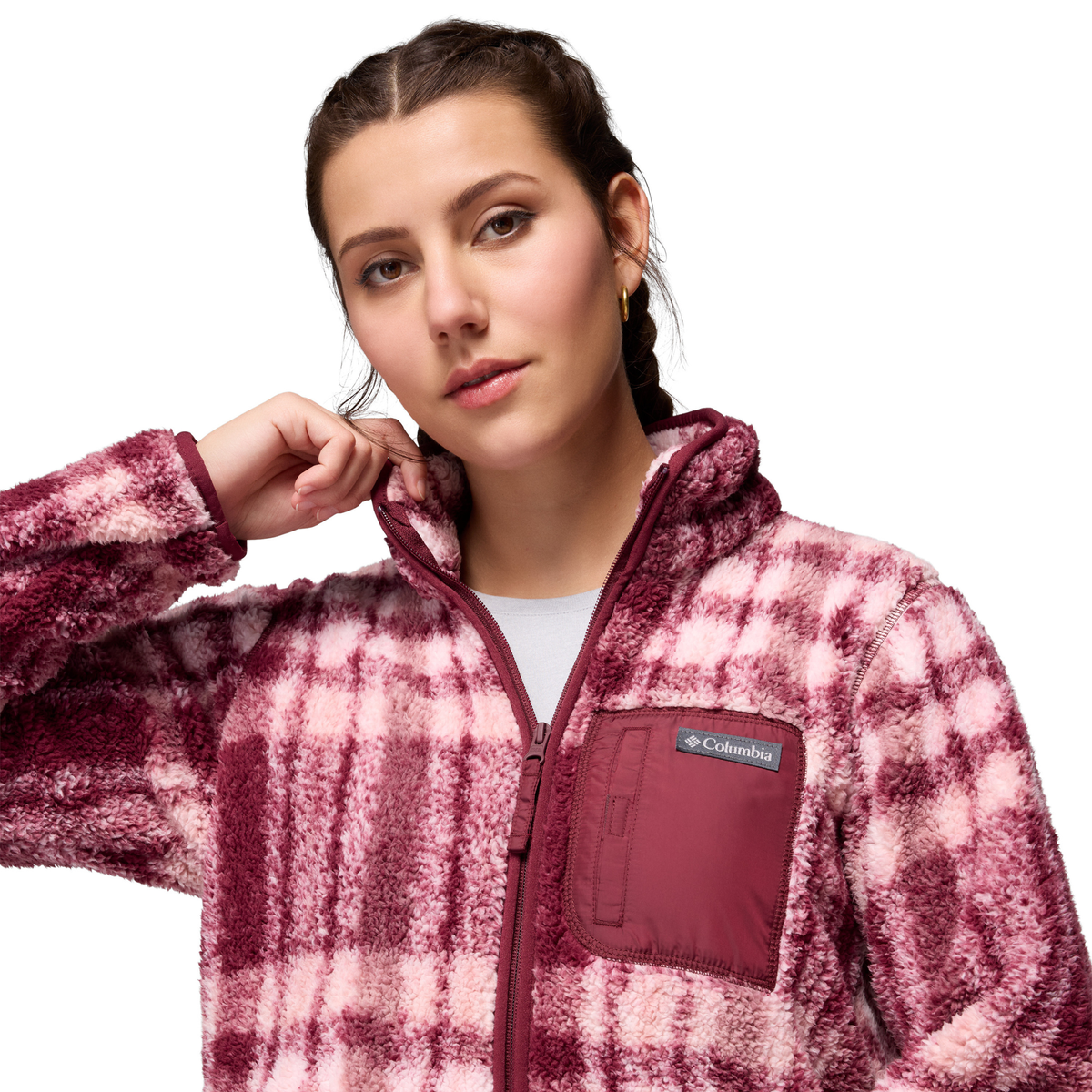 Columbia Women's West Bend II Printed Sherpa Full Zip Fleece (Rich Wine Herringplaid)