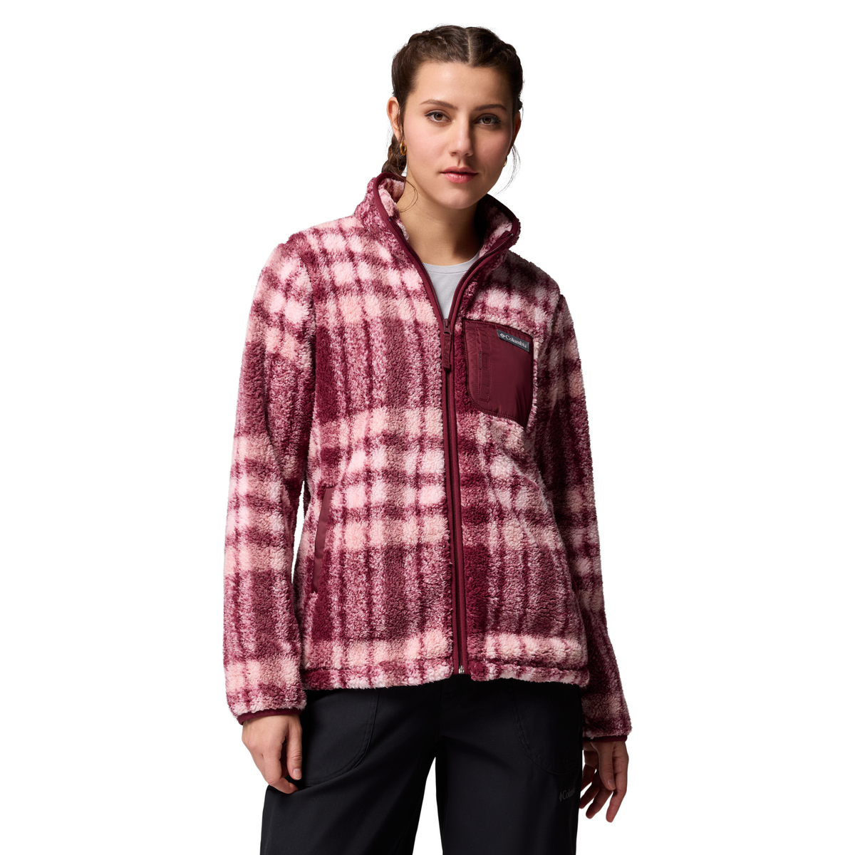 Columbia Women's West Bend II Printed Sherpa Full Zip Fleece (Rich Wine Herringplaid)