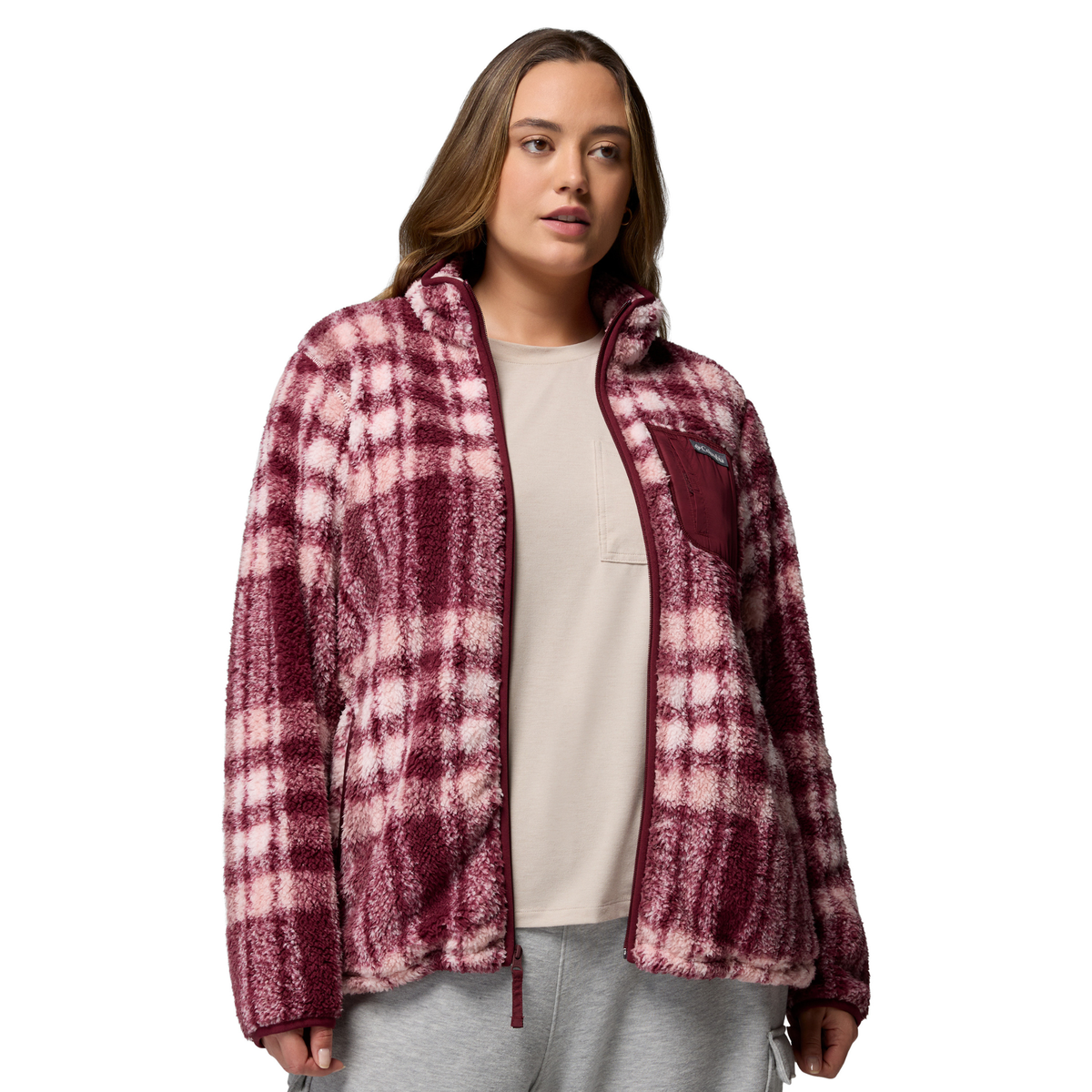 Columbia Women's West Bend II Printed Sherpa Full Zip Fleece (Rich Wine Herringplaid)
