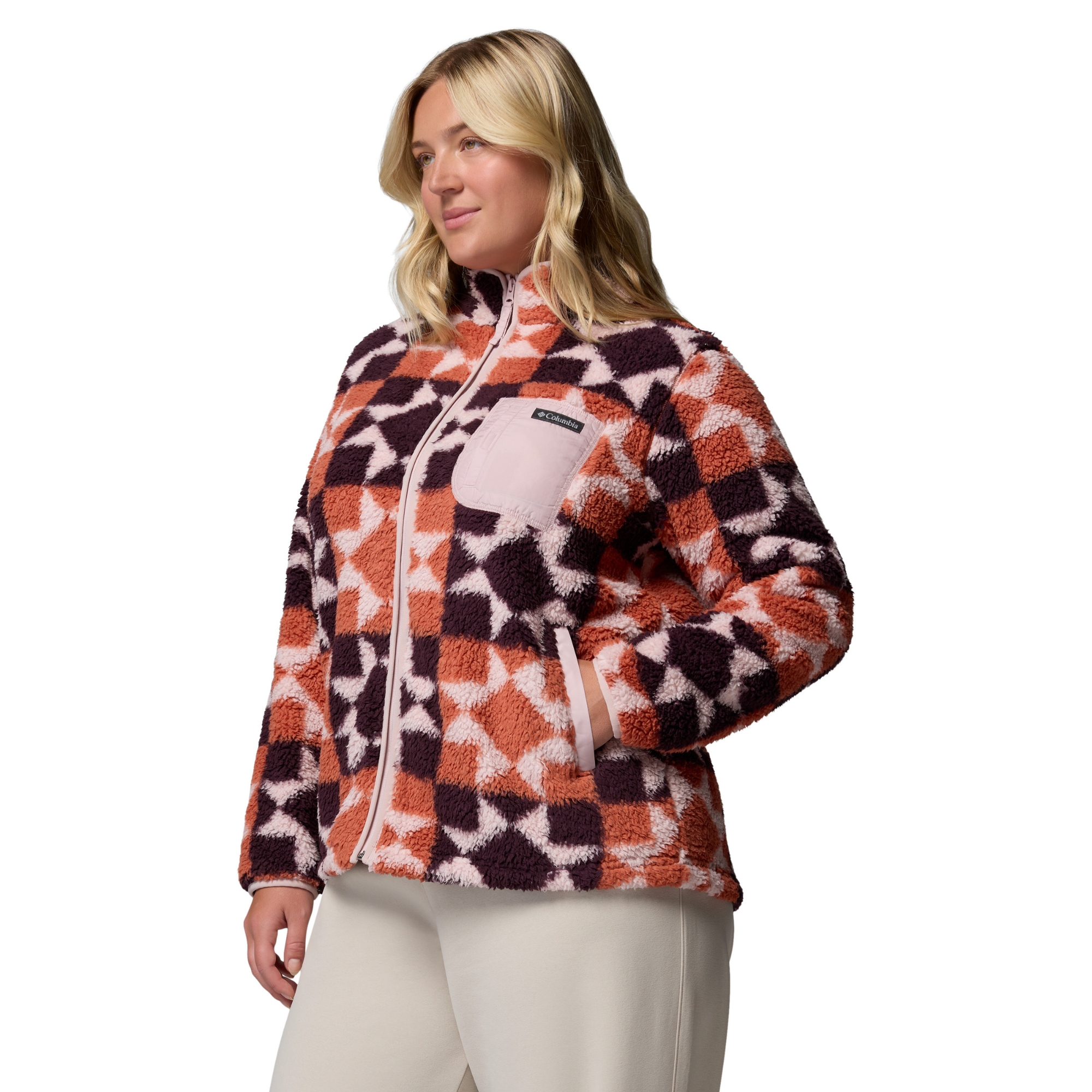 Columbia Women's West Bend II Printed Sherpa Full Zip Fleece Teak Brown Cosy Quilt 235 2085854