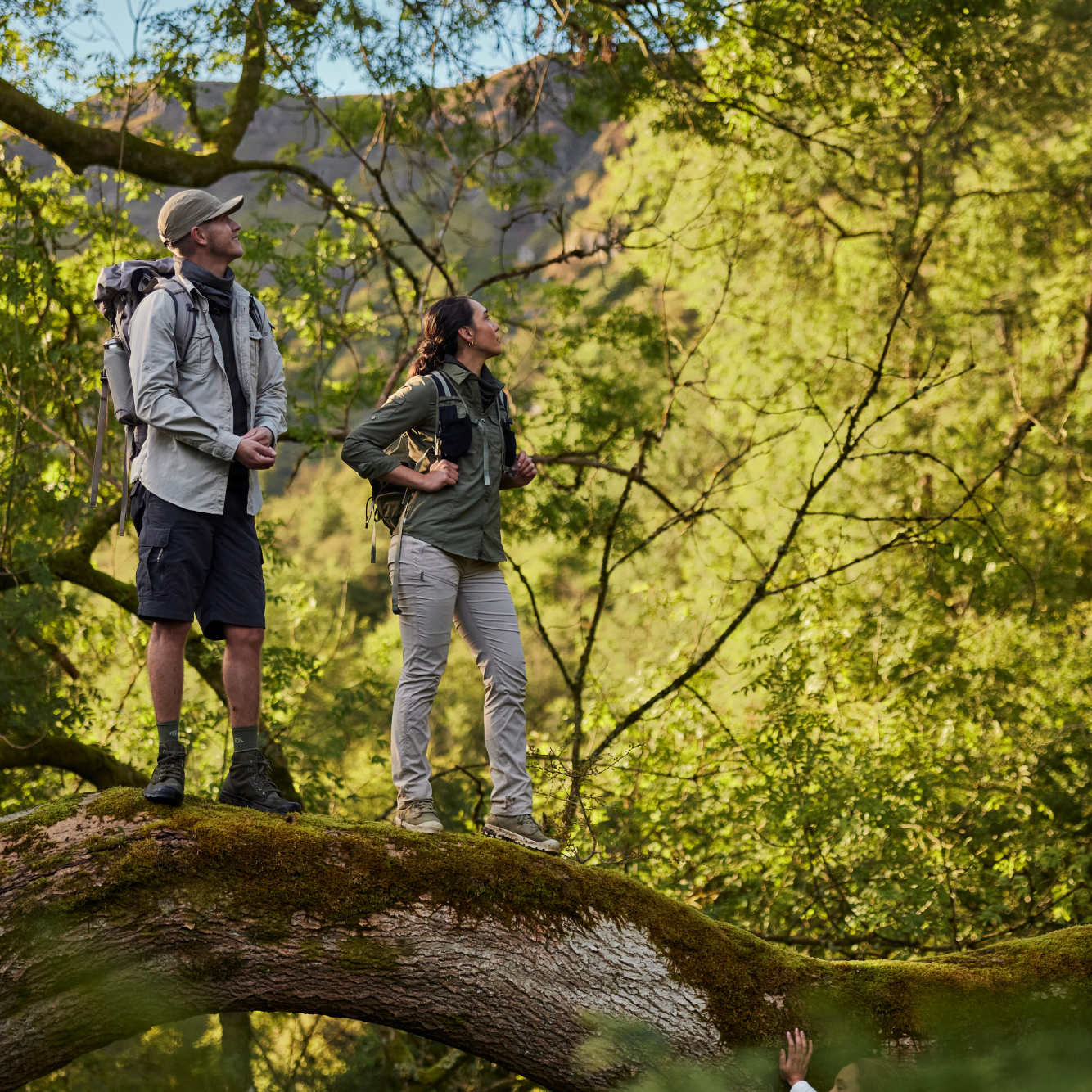 Man and woman standing on a fallen tree in the forest. Woman wearing Craghoppers Women's Nosilife Pro III Insect Repellent UPF50 Trousers Soft Mushroom KD7 CWJ1373