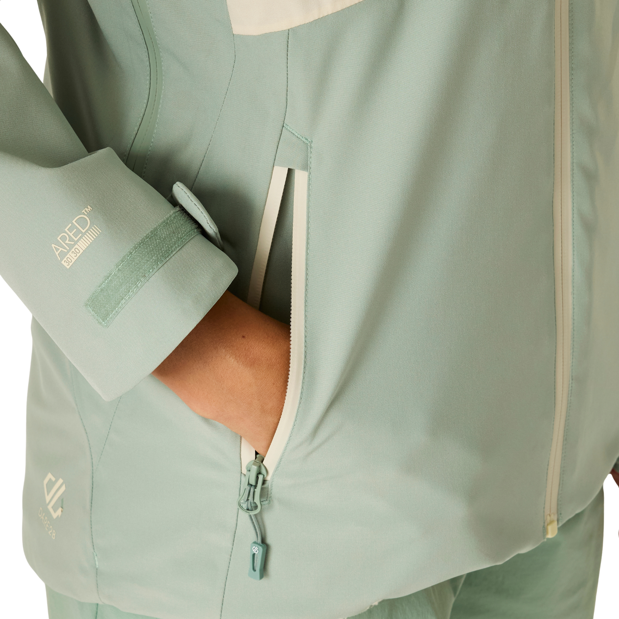 Dare 2B Women's Diverging II Hooded Waterproof Jacket (Almond Milk/Glacier Green)