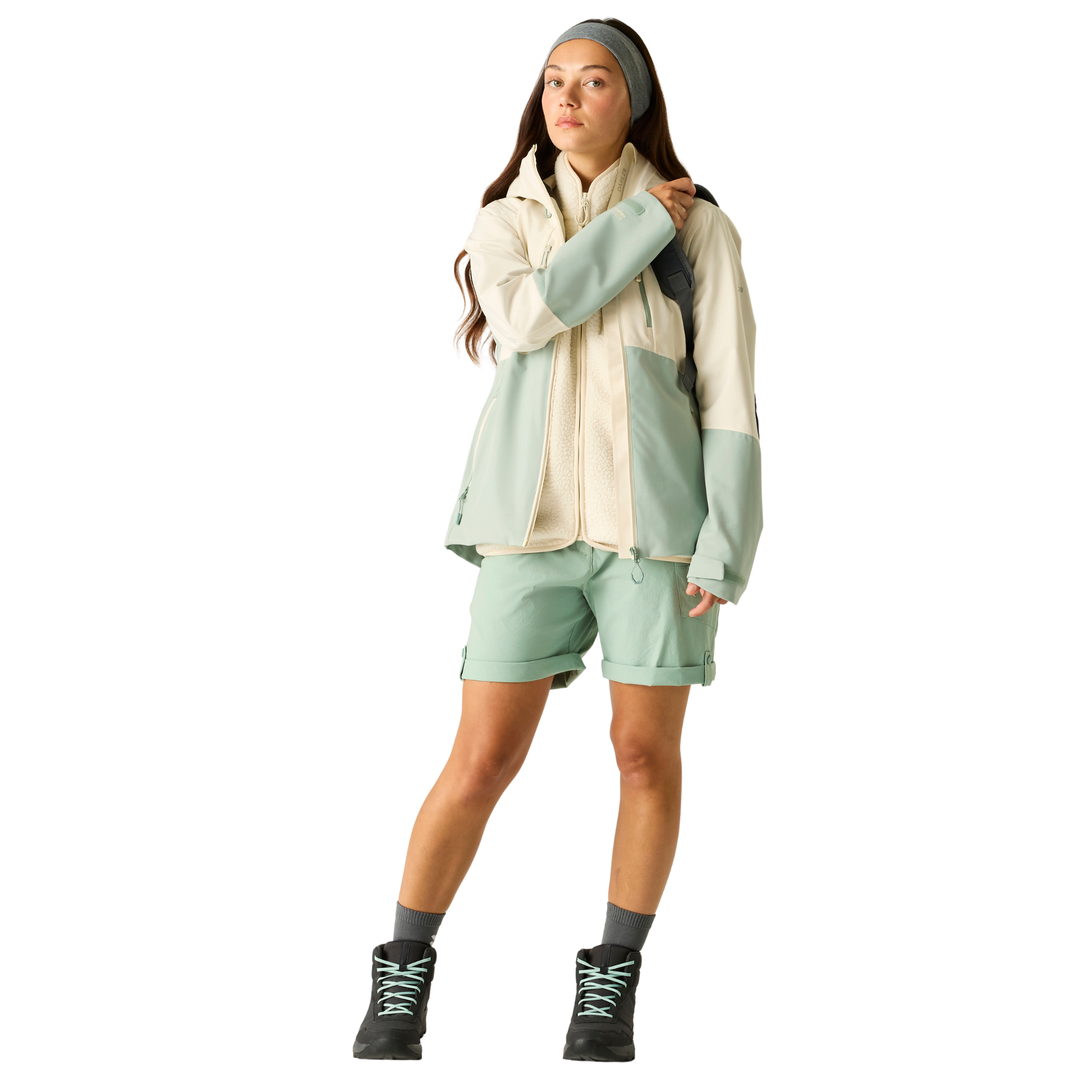Dare 2B Women's Diverging II Hooded Waterproof Jacket (Almond Milk/Glacier Green)