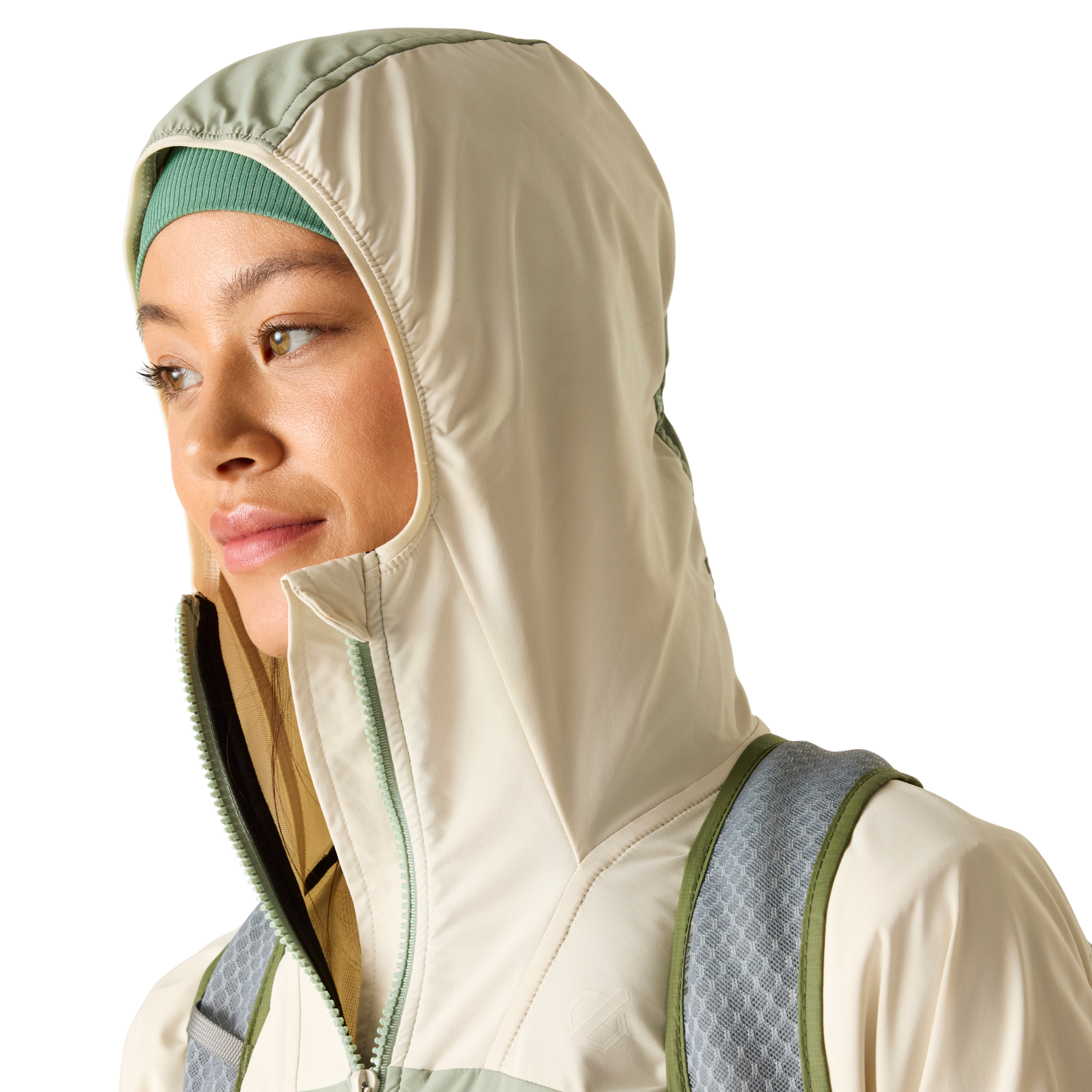 Dare 2B Women's Nomadic UPF50 Hooded Softshell Jacket (Almond Milk/Glacier Green)