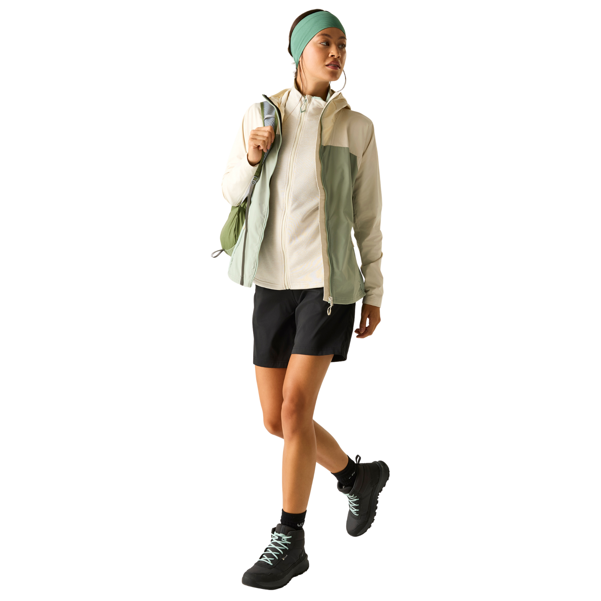 Dare 2B Women's Nomadic UPF50 Hooded Softshell Jacket (Almond Milk/Glacier Green)