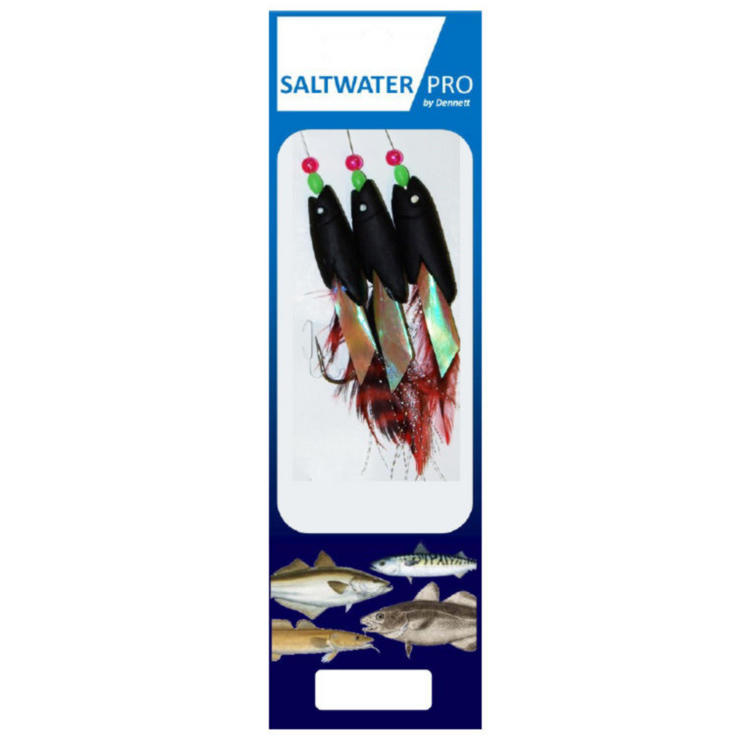 Dennett Saltwater Pro Jumbo Hokkai 3 Hook Rig (Black Head/White Eye/Red Feather)(#7/0)