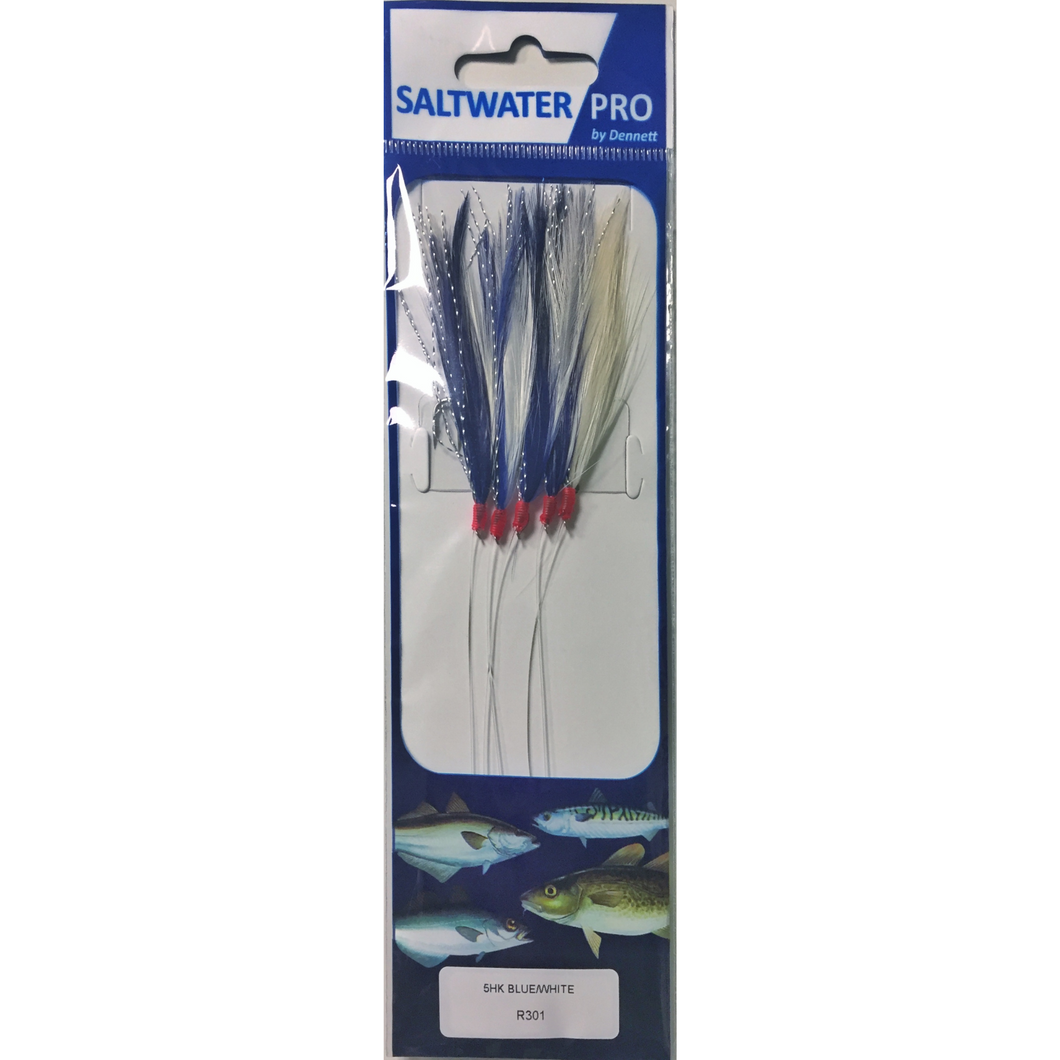 Dennett Saltwater Pro 5 Hook Rig (Blue/White Feather)(#1/0)