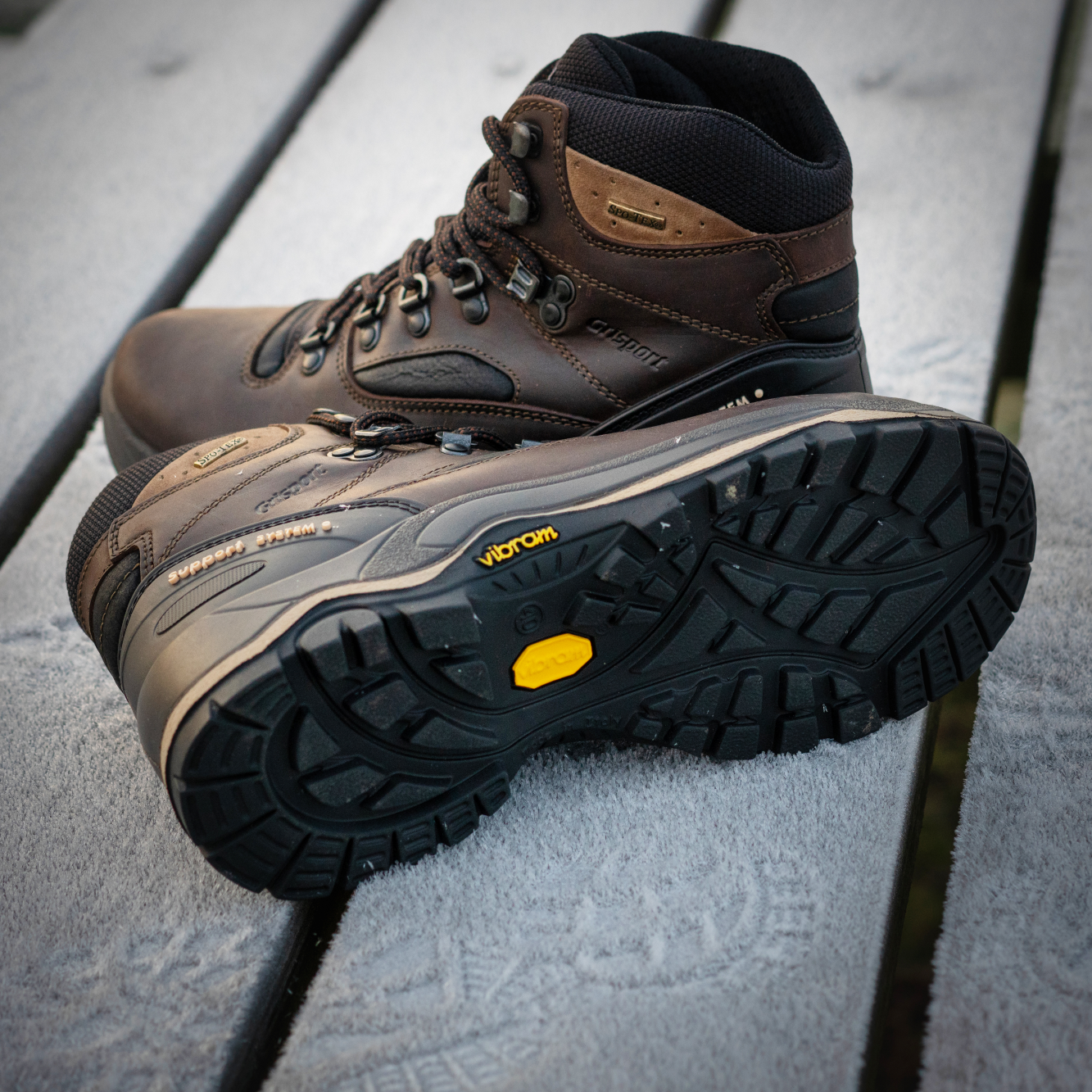 Grisport Men's Quatro Waterproof Hillwalking Boots Brown CMG614 on a picnic table