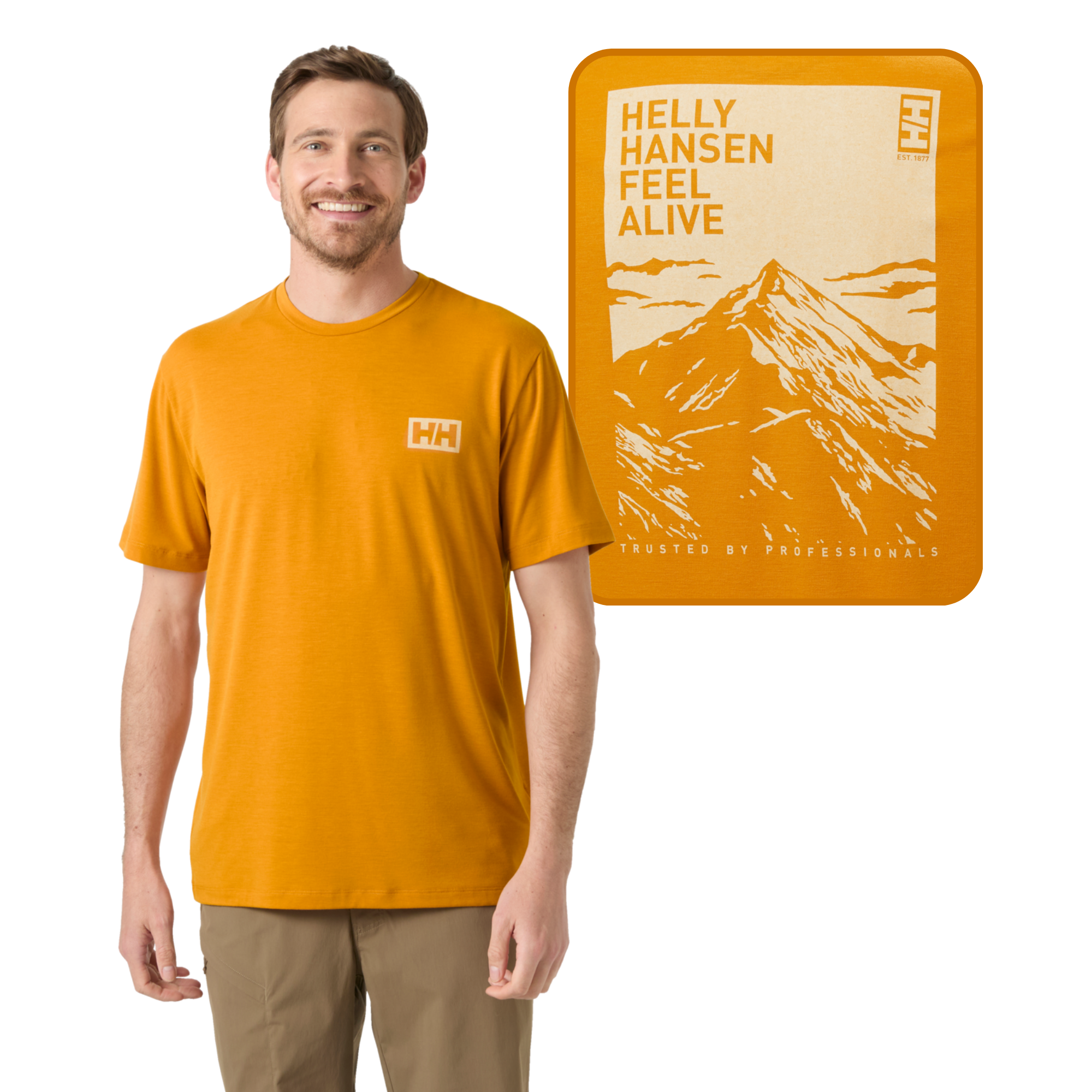Helly Hansen Men's Skog UPF50 Recycled Graphic Short Sleeve Tee (Mustard)