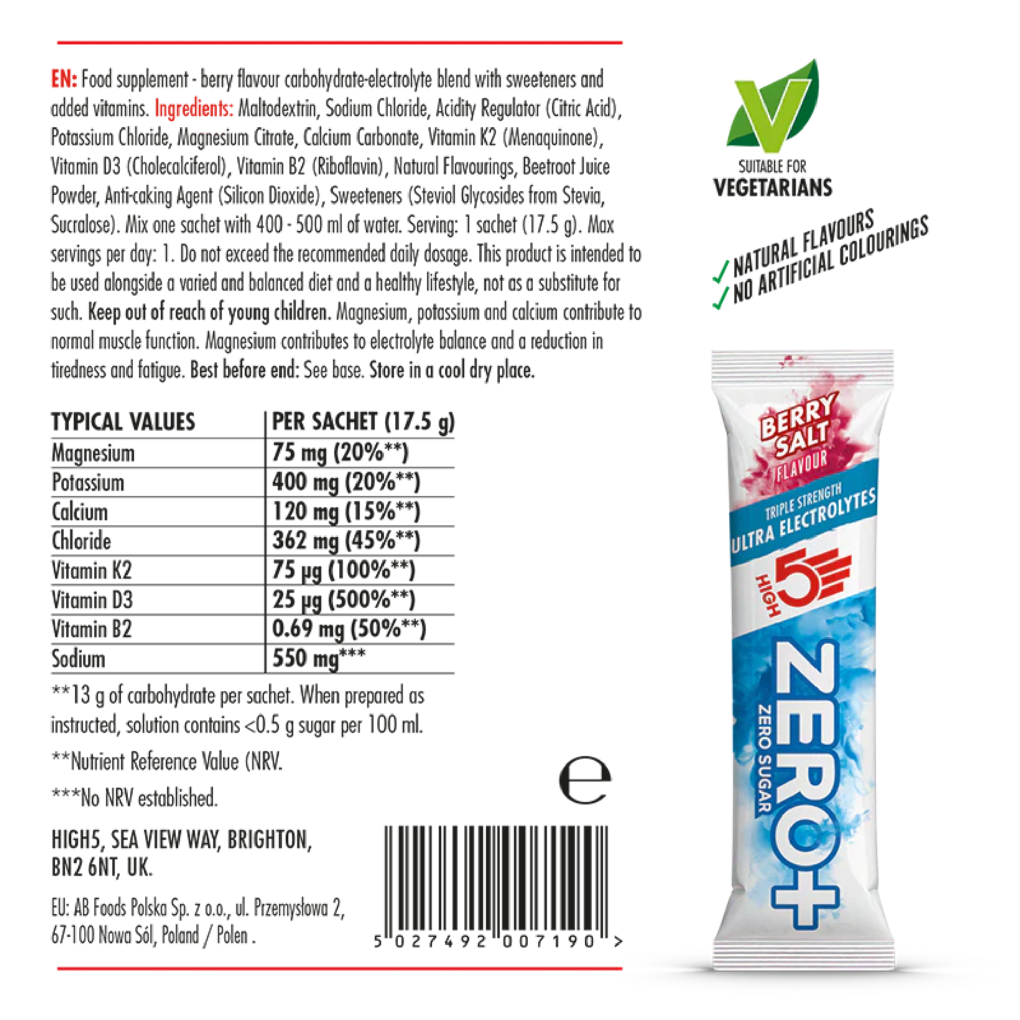 High 5 Zero+ Ultra Electrolyte 17.5g Sachet (Berry Salt)