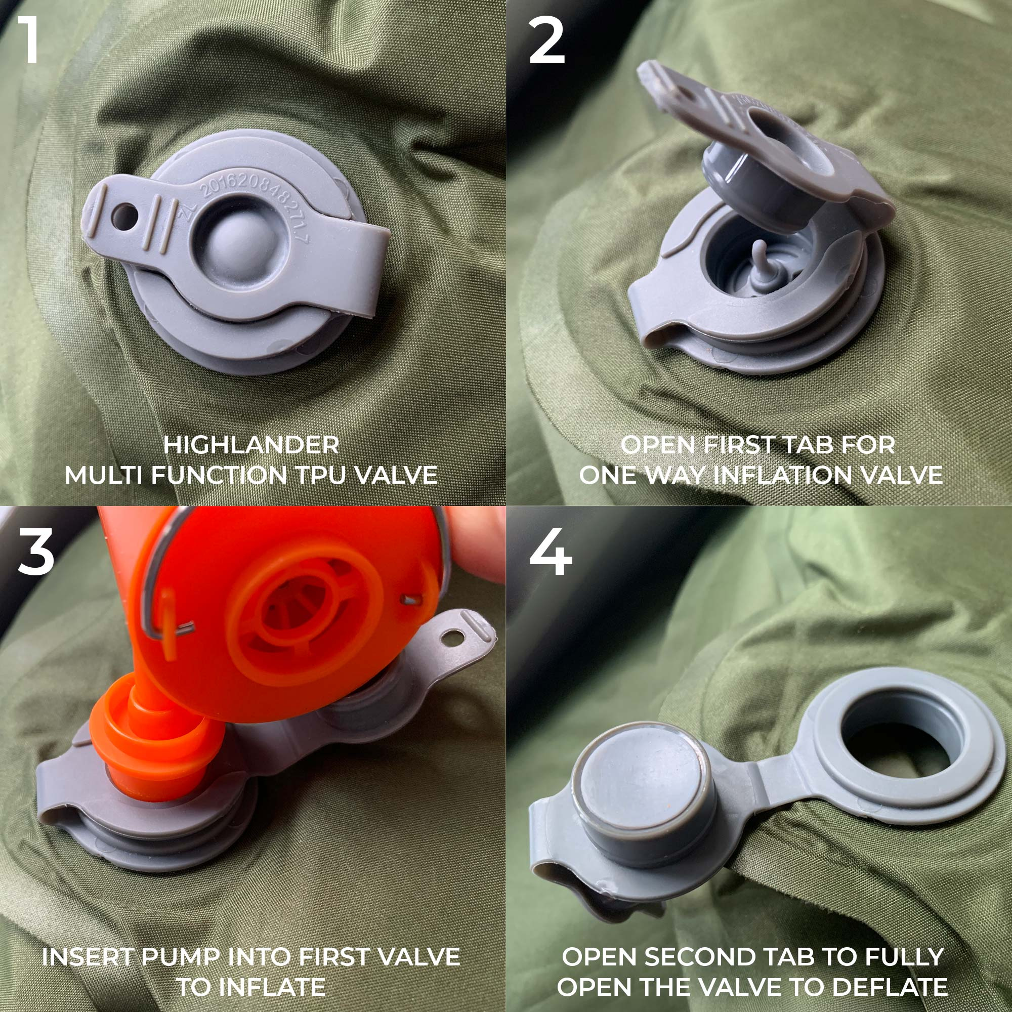 Step-by-step guide on how to use a Highlander multi-function TPU valve on an self inflating mat