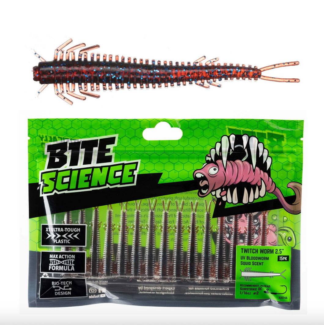Jarvis Walker Bite Science Twitch Worm Soft Plastic Lures (2.5in)(UV Bloodworm)(15 Pack)