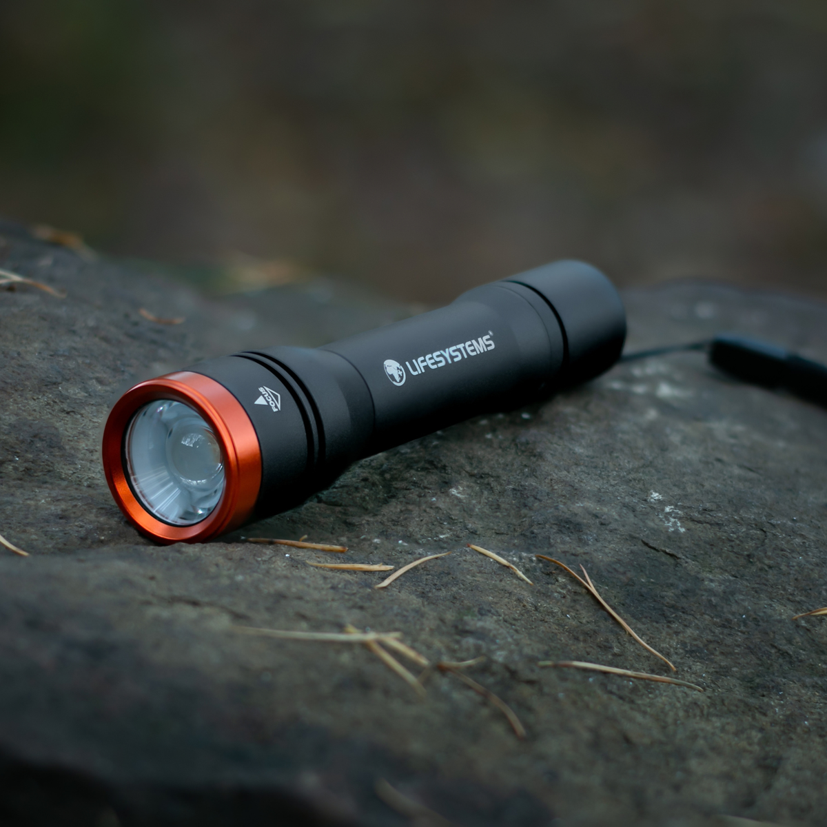 A Lifesystems Intensity 545 LED Hand Torch 42061 resting on a dark textured rock outdoors.