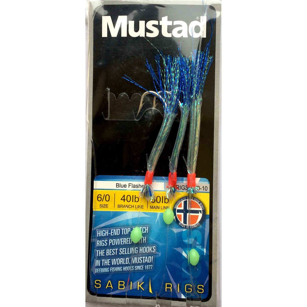 Mustad Sabiki 3 Hook Rig (Blue Flasher)(Size 6/0)