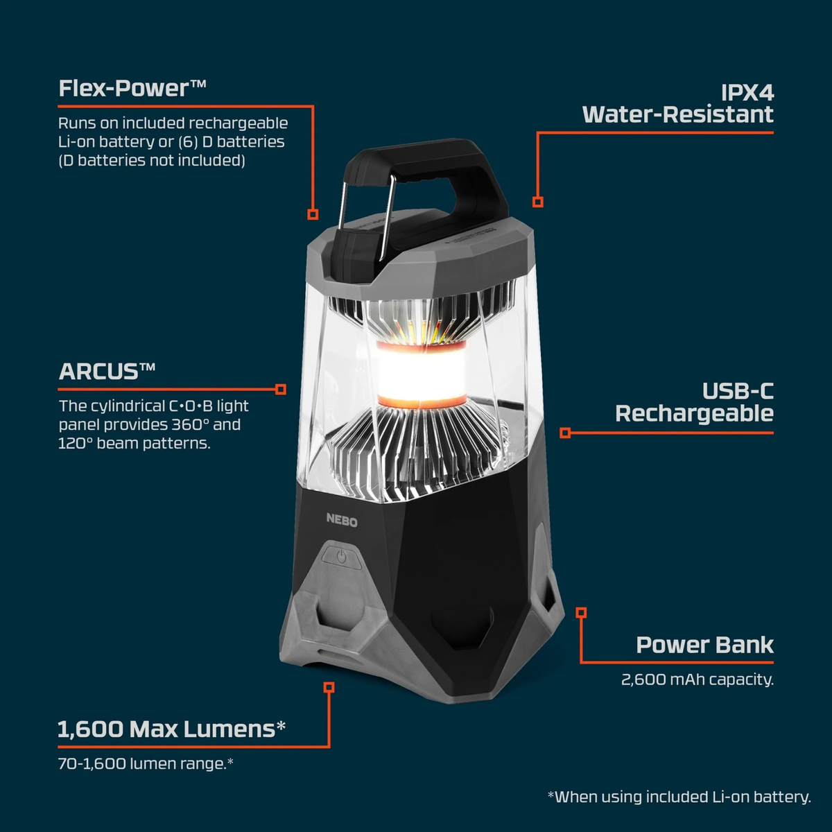 Nebo Galileo Flex 1600 Lumen Rechargeable Lantern