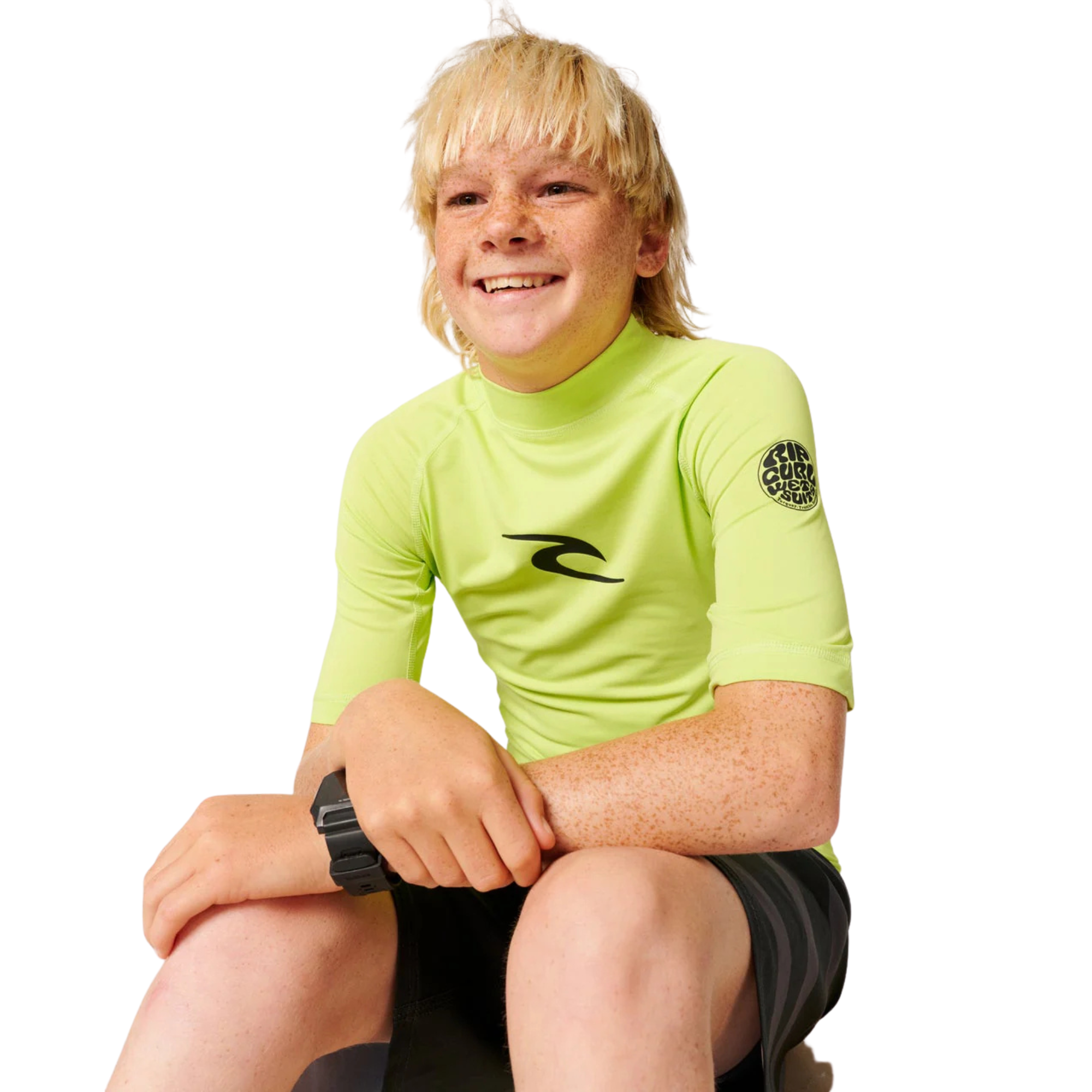 Rip Curl Junior Waves UPF50 Short Sleeve Rash Vest (Lime)(Sizes UK8-16)