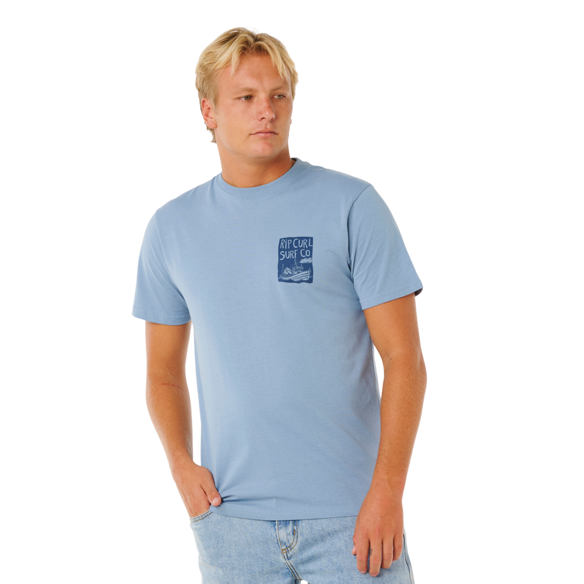 Rip Curl Men's Keep On Trucking Short Sleeve Tee (Faded Denim)