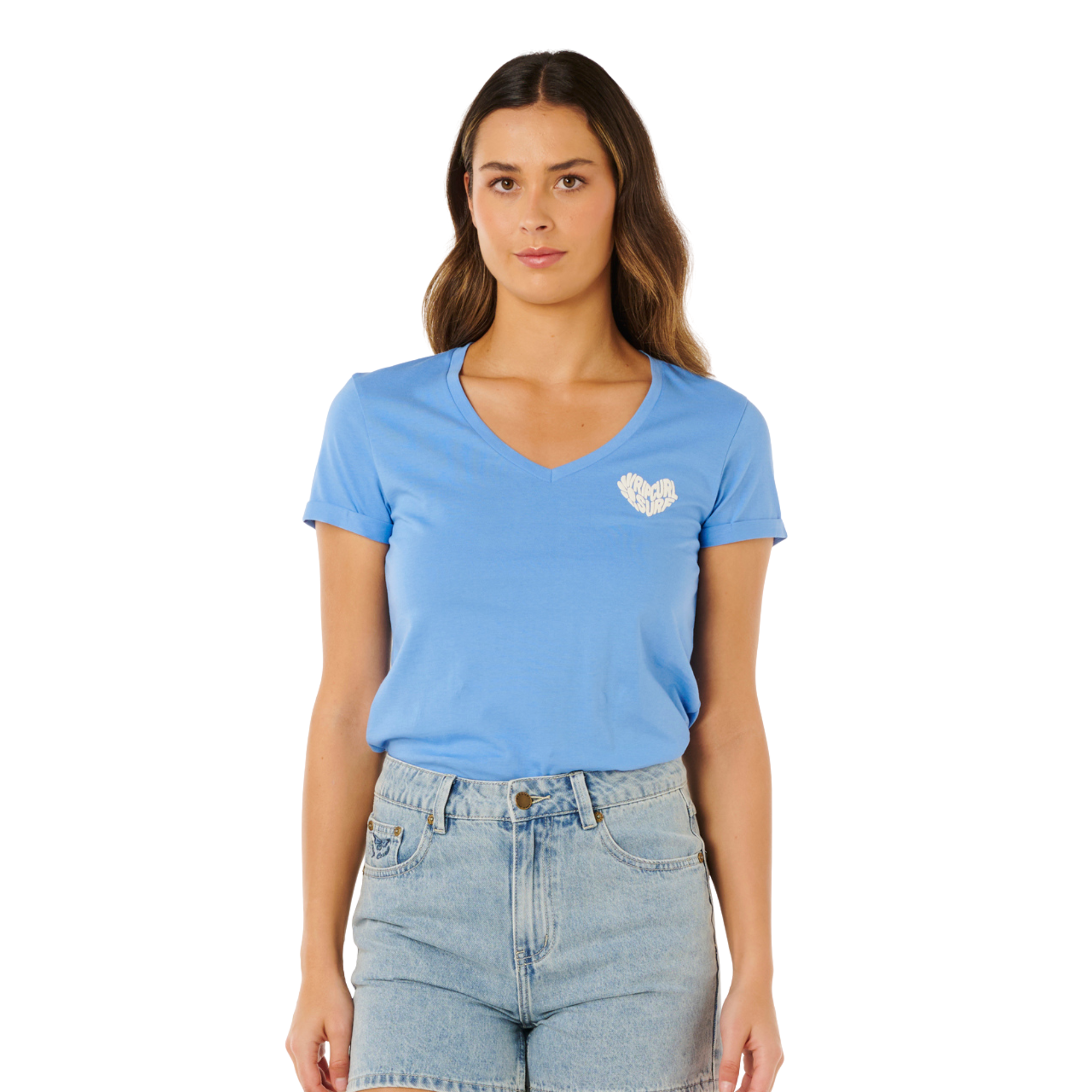 Rip Curl Women's Heart V Neck Short Sleeve Tee (Cornflower Blue)