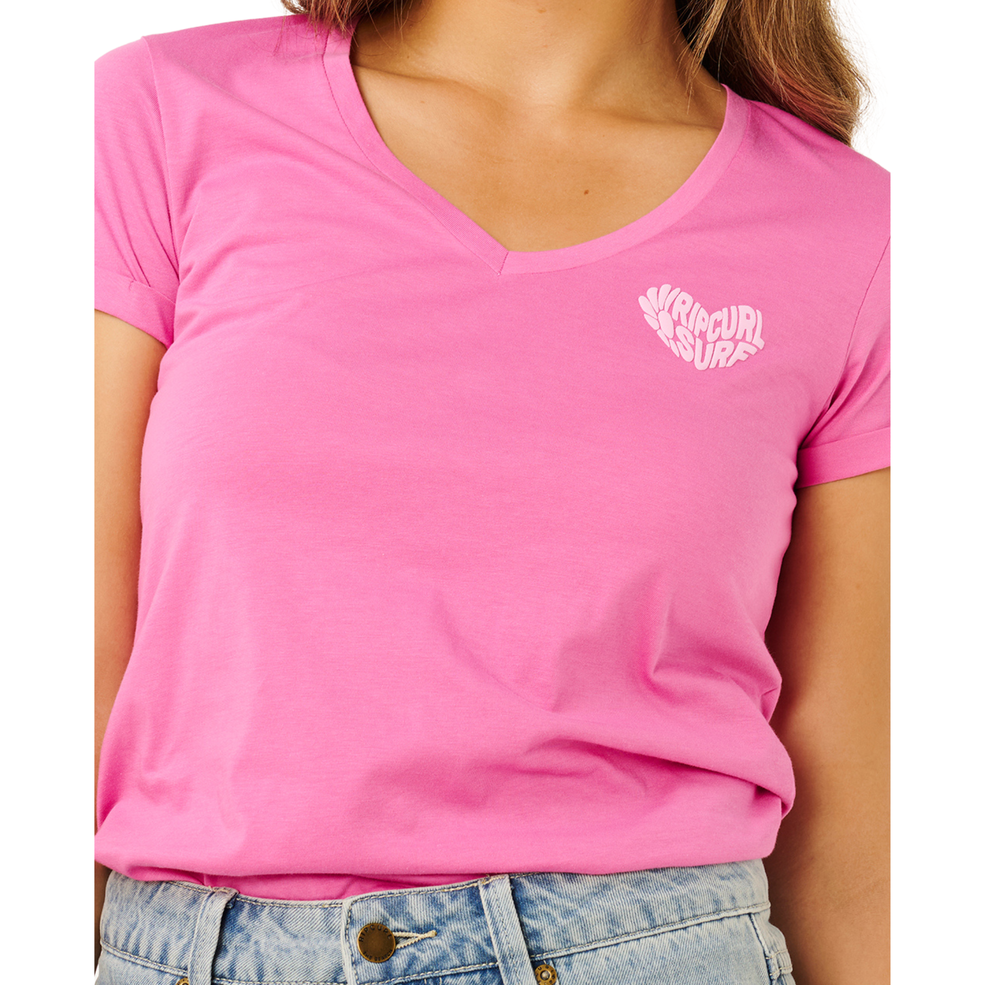 Rip Curl Women's Heart V Neck Short Sleeve Tee (Super Pink)