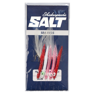 Shakespeare Salt Feathered Sandeels Sea 5 Hook Rig (#2)(Pink/Red/White)