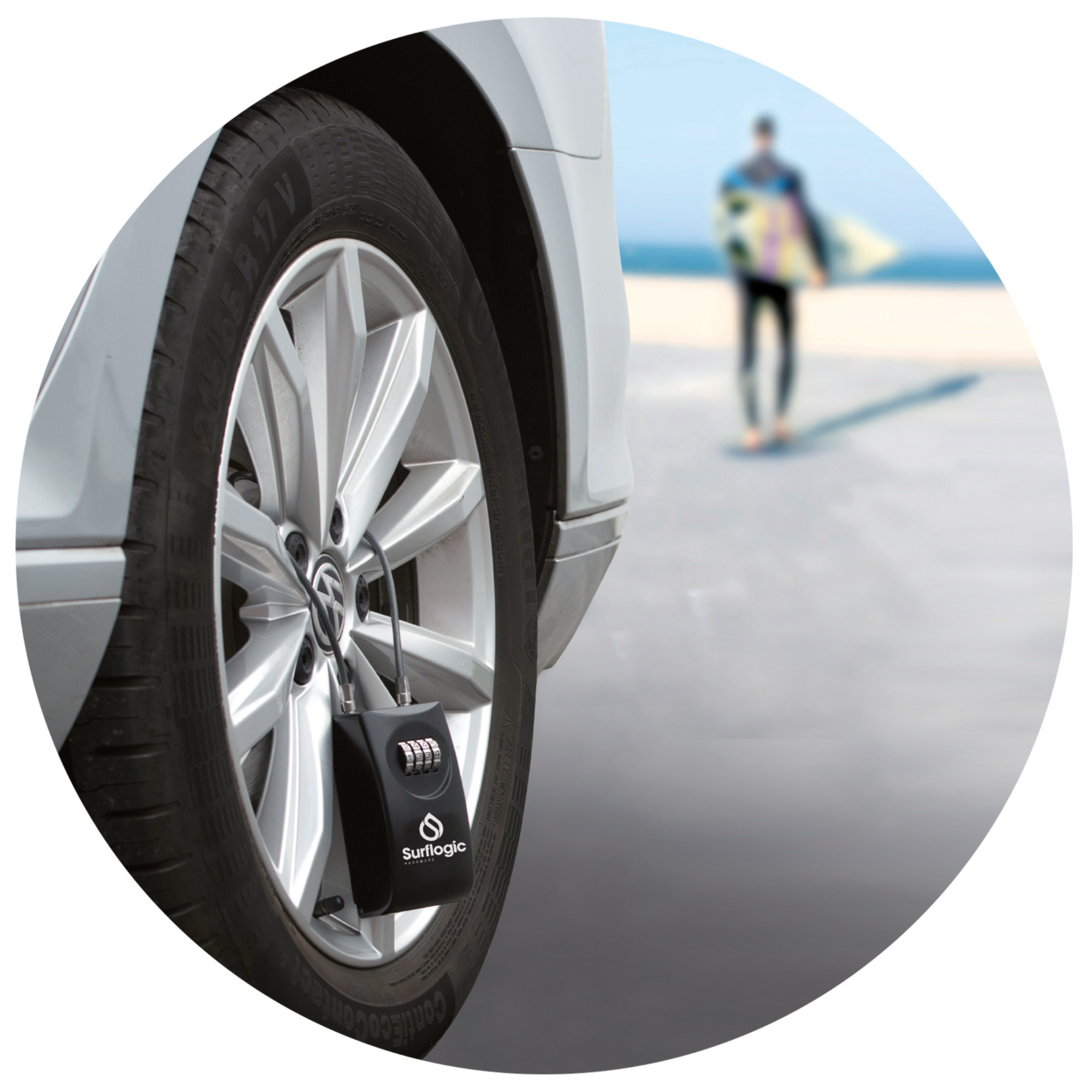 Surflogic Key Lock Double System Black 59147 locked to a car wheel