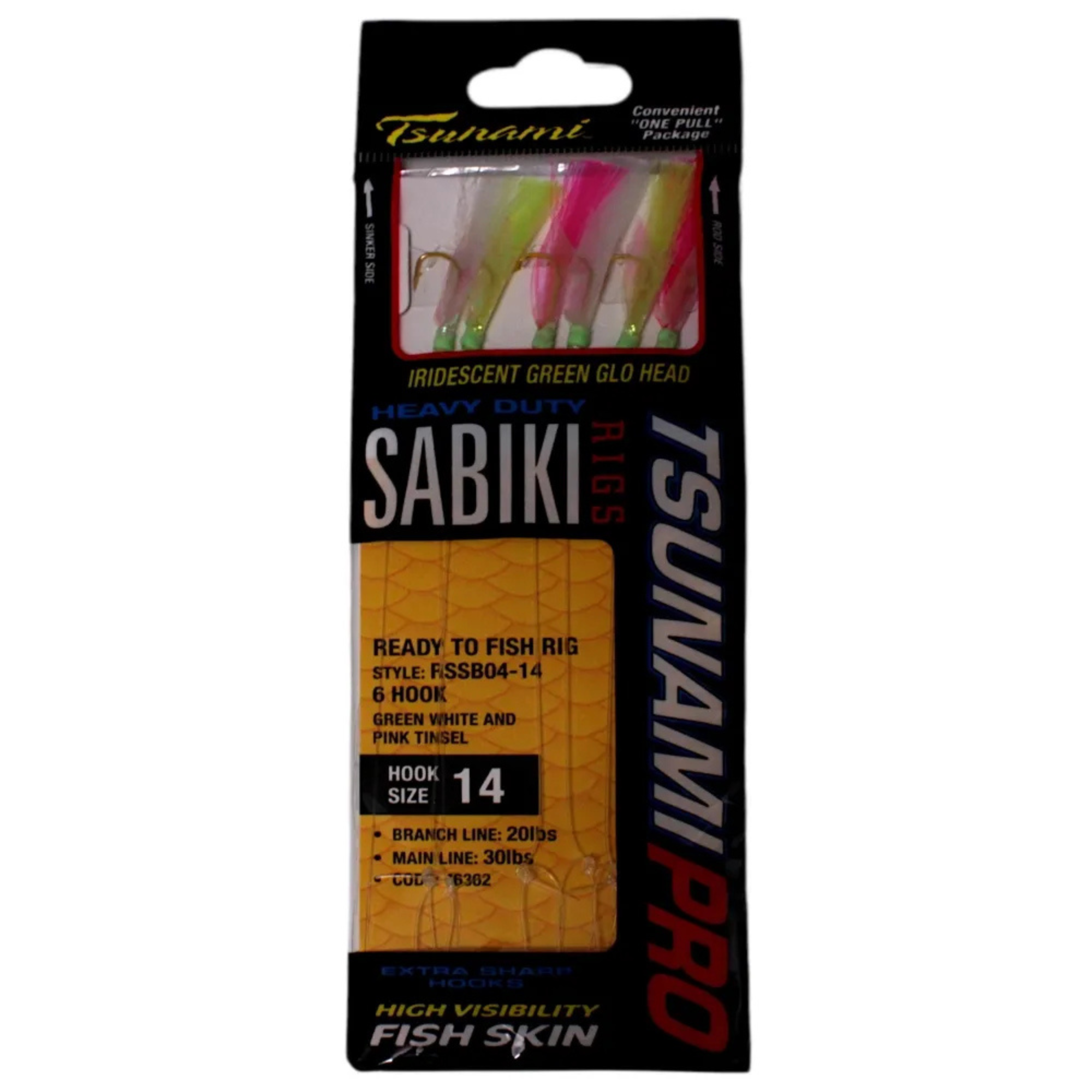 Tsunami Sabiki 6 Hook Rig (Green/White/Pink Tinsel)(Size JP14)