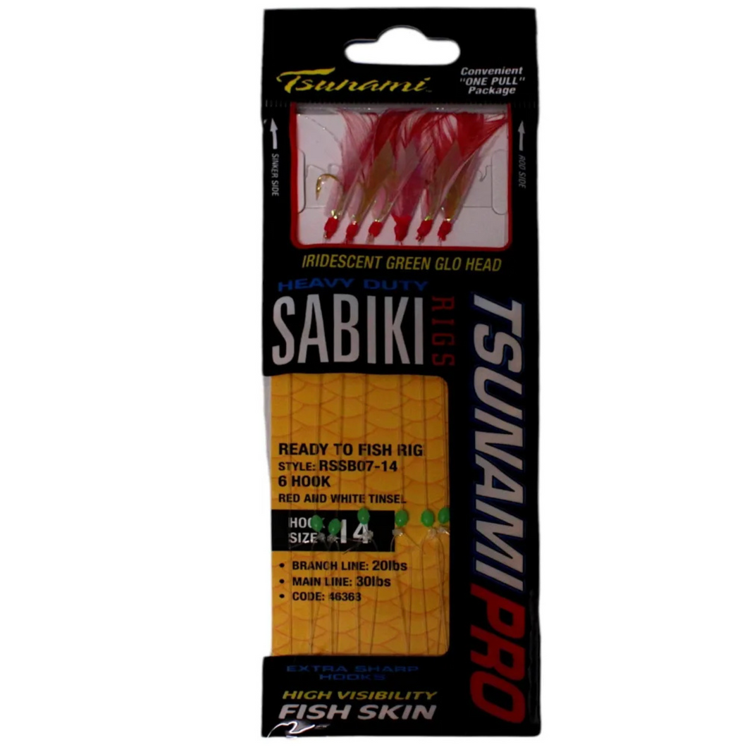 Tsunami Sabiki 6 Hook Rig (Red/White Tinsel)(Size JP14)