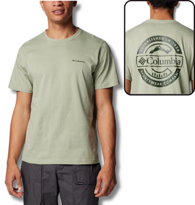 Columbia Men's Rapid Ridge II Organic Cotton Back Graphic Tee (Safari/Button Badge)