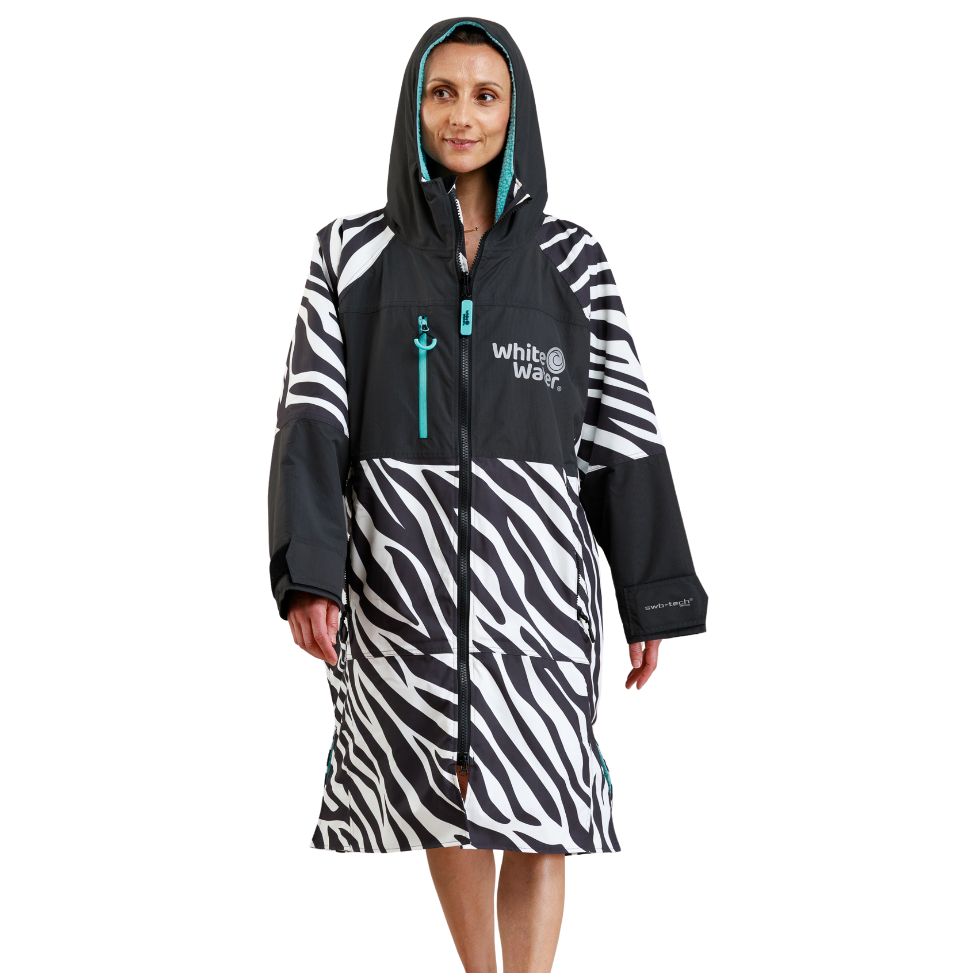 White Water Robes Unisex Hardshell Changing Robe - Adults (Zebra Print/Blue Lining)