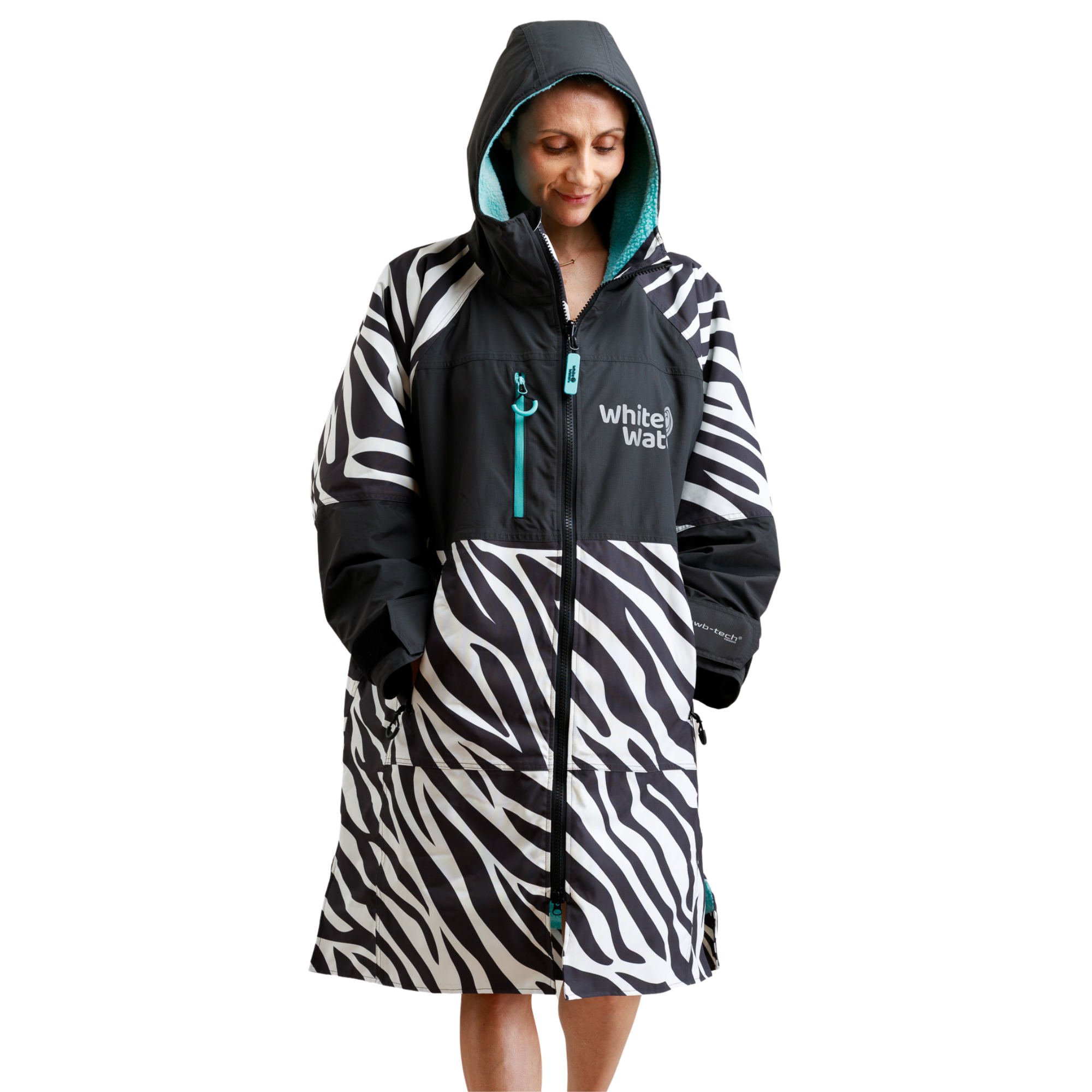 White Water Robes Unisex Hardshell Changing Robe - Adults (Zebra Print/Blue Lining)