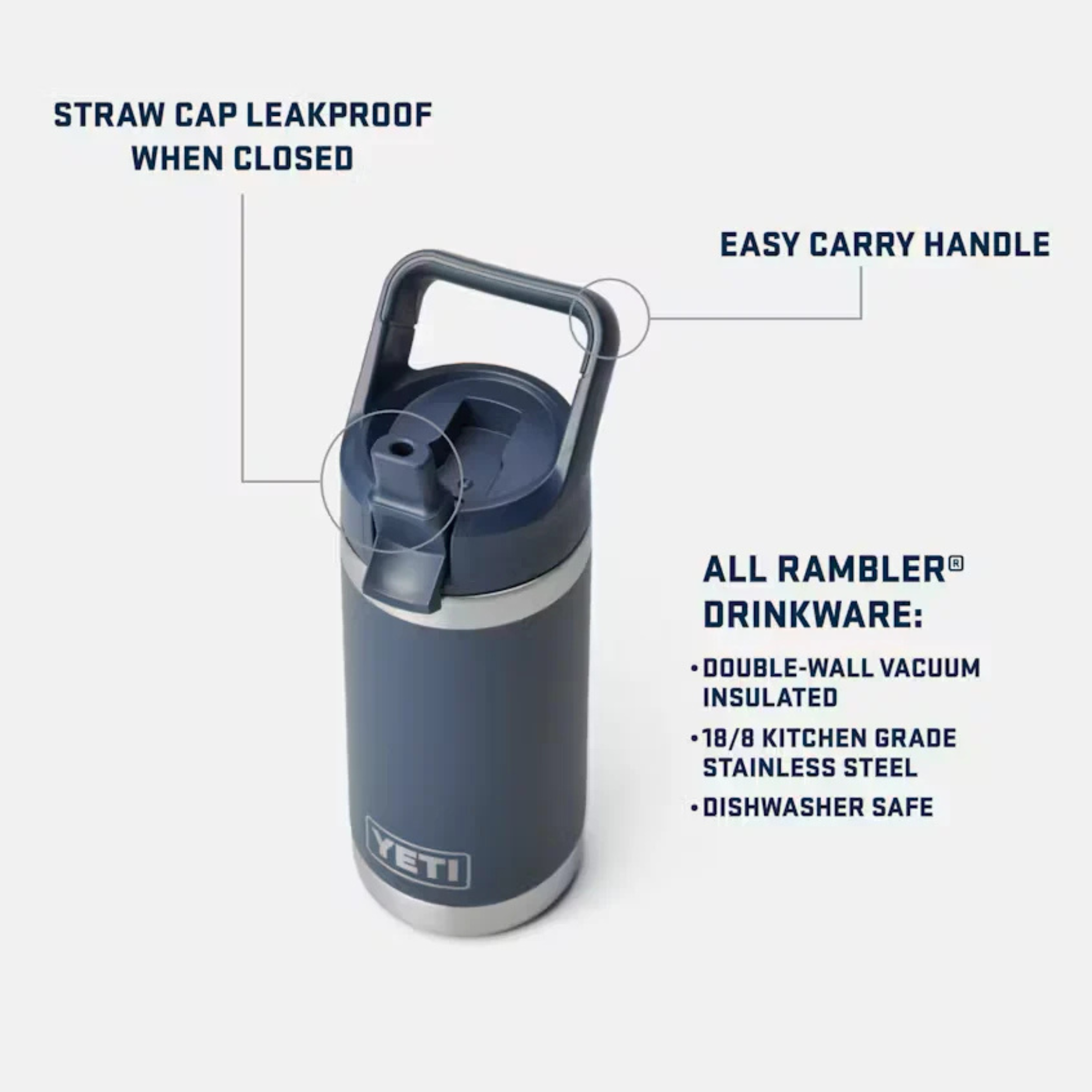 Yeti Rambler Junior 12oz 355ml Insulated Bottle with Colour Matched Straw Cap Yeti-RamblerJnr-12oz features