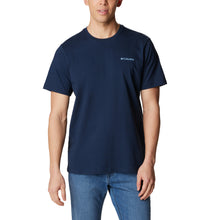 Load image into Gallery viewer, Columbia Men&#39;s Explorers Canyon Back Short Sleeve T-Shirt (Collegiate Navy/Campsite Icons Graphic)
